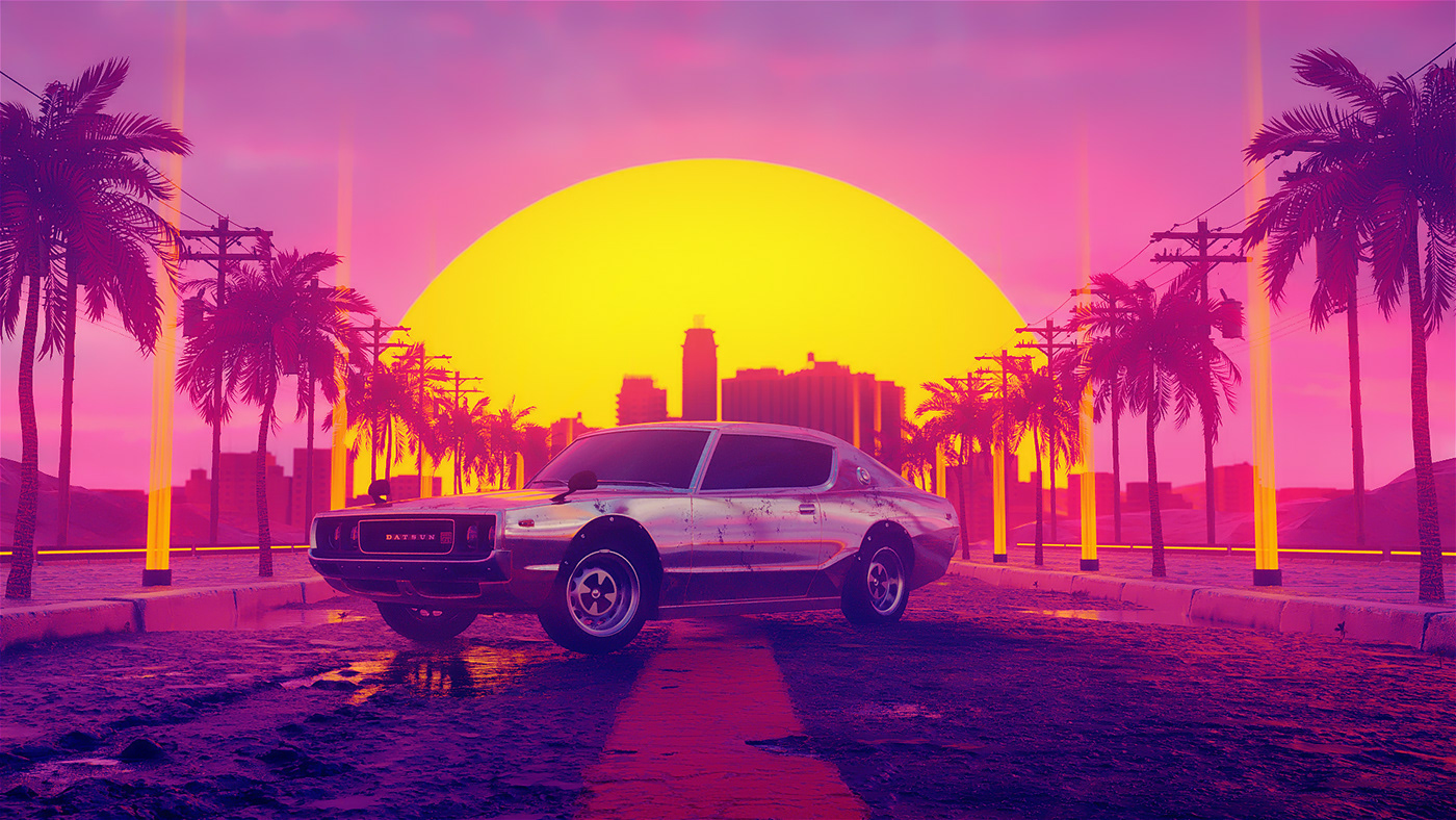 vice city Retro 3D Synthwave car octane Render vintage colorful Quixel