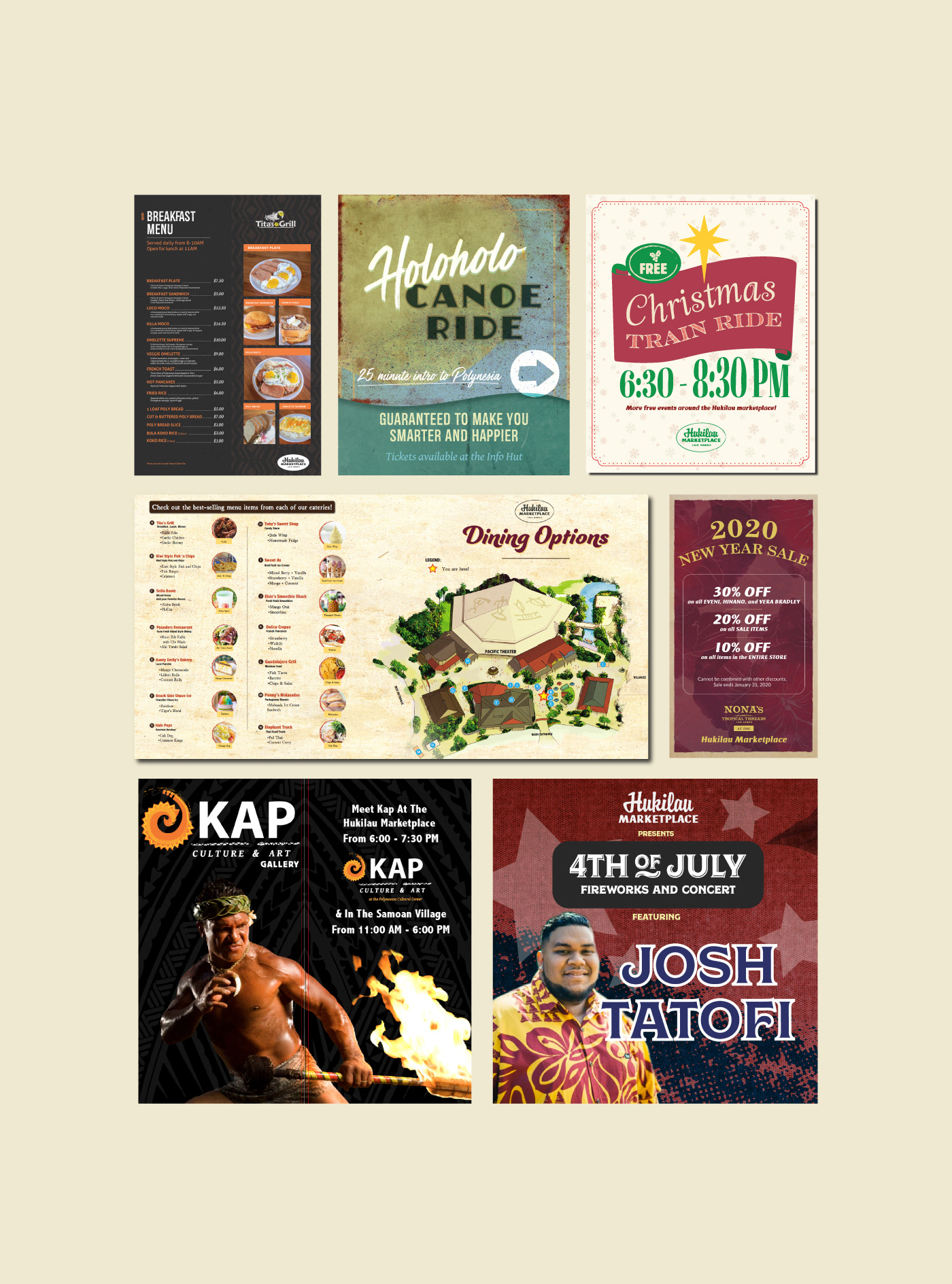 Advertising  branding  Branding Collateral graphic design  HAWAII Marketplace menu Signage Tropical