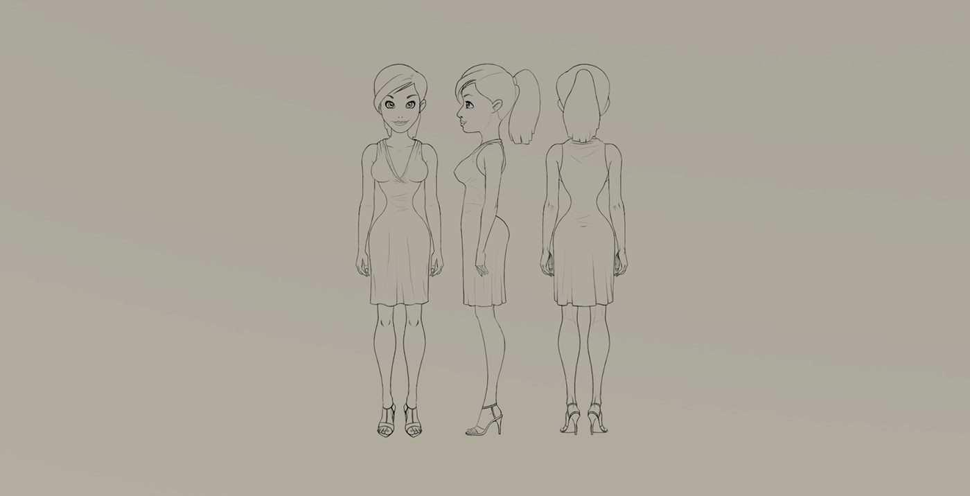 The design of the figure of a girl. Front side and rear views are shown.