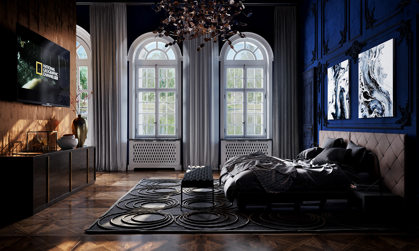 large window bedroom modern interior living room fireplace modern furniture bleu Classic bed