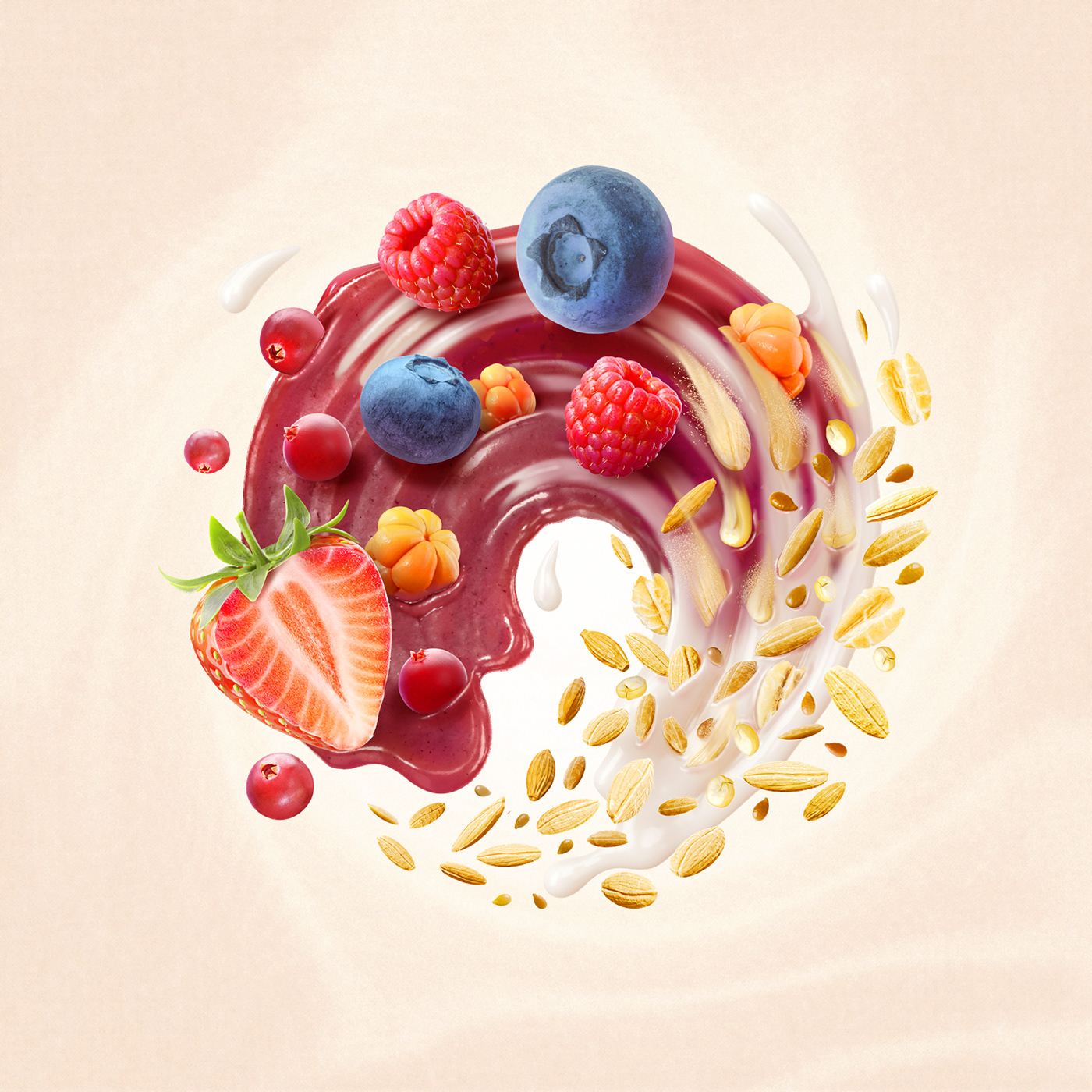 3D illustration key visuals for Skur Yogurt with red fruits made on Cinema 4D and Red Shift