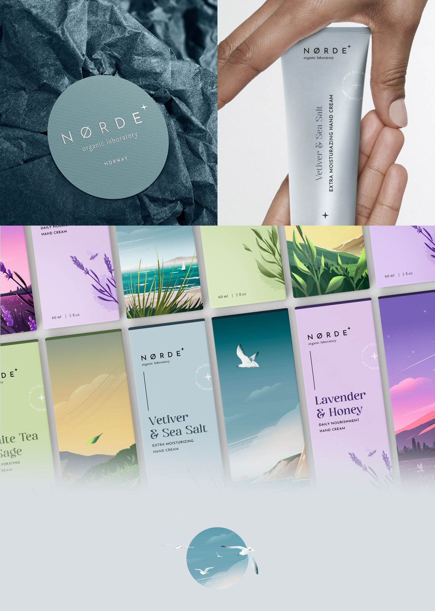 skincare cosmetics brand identity and illustrated modern packaging design for hand cream