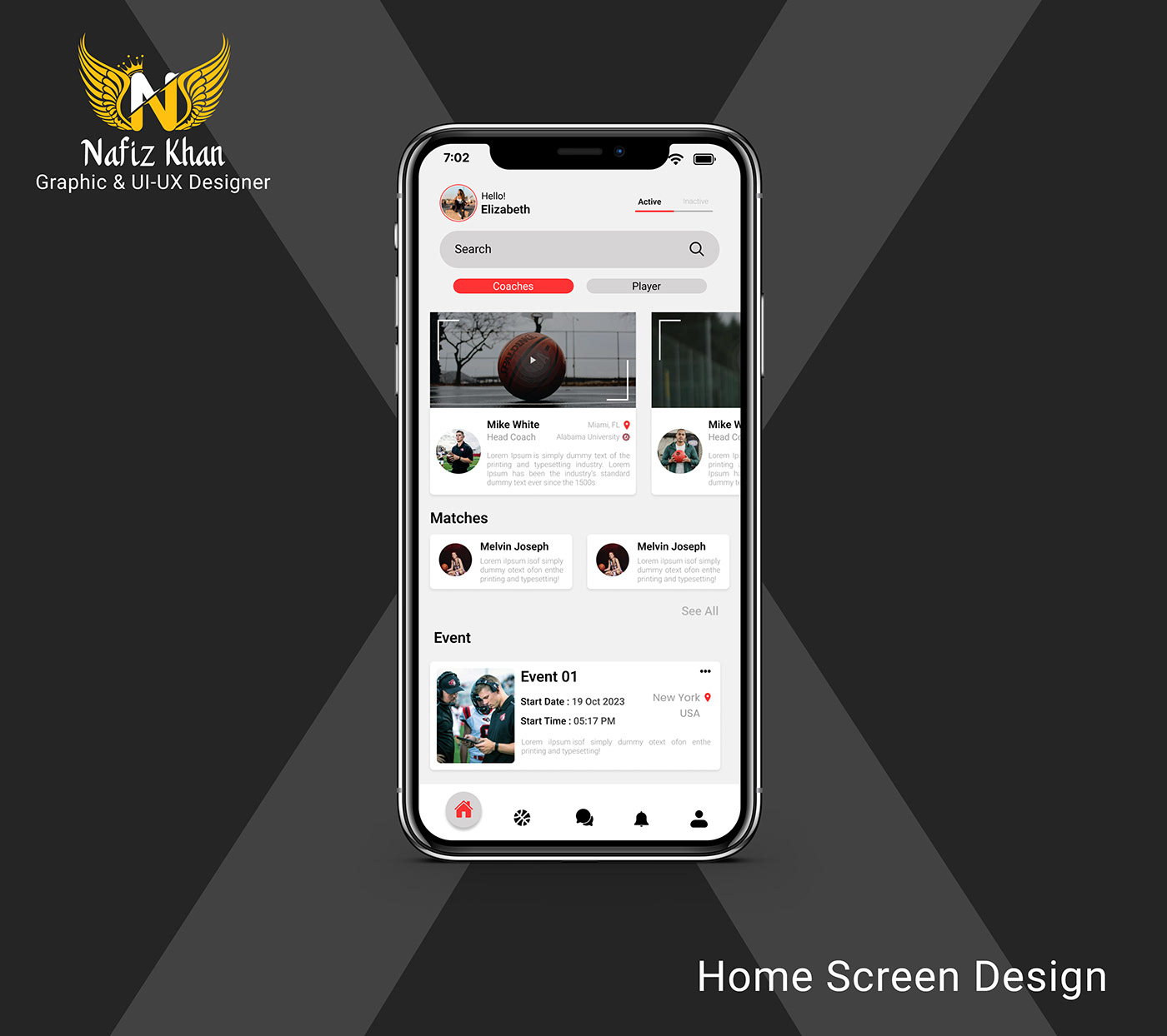 app design ui design App Screen home screen chat screen inbox screen UI UI/UX Mobile app app screen design