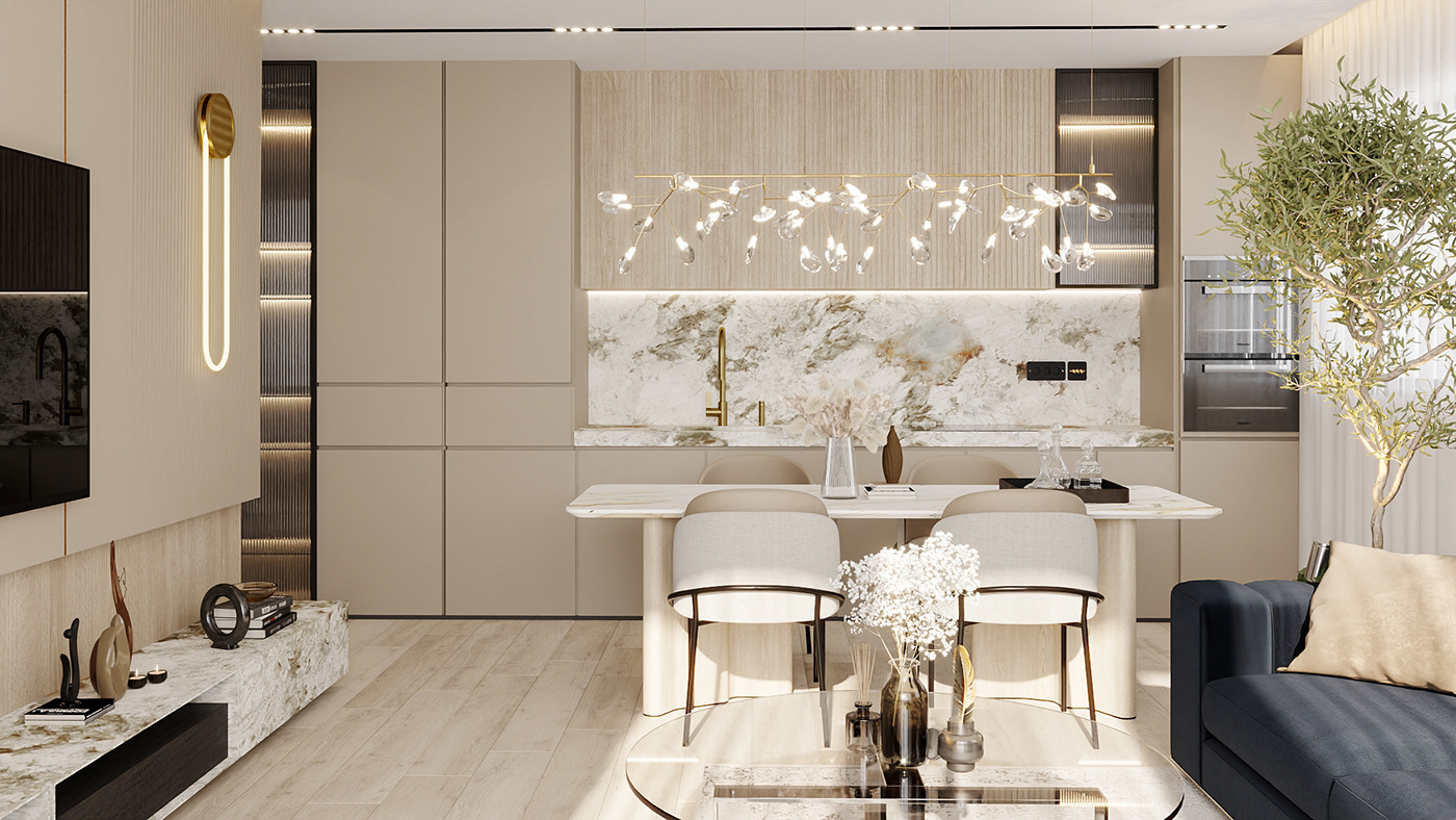 Clean Design elegant indoor interior design  kitchen living room luxury Marble modern wood