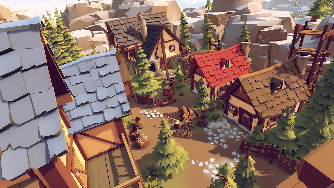 LOW poly stylised cartoon 3D model city village unity