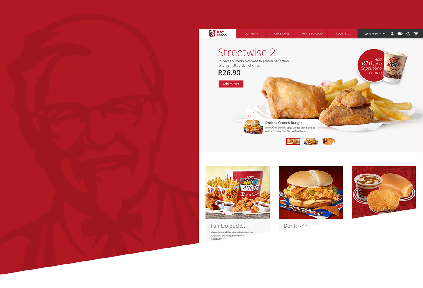 Adobe Portfolio KFC Responsive Food  south africa Website Ecommerce Online Ordering grid flat design chicken Yum Brands Fast food