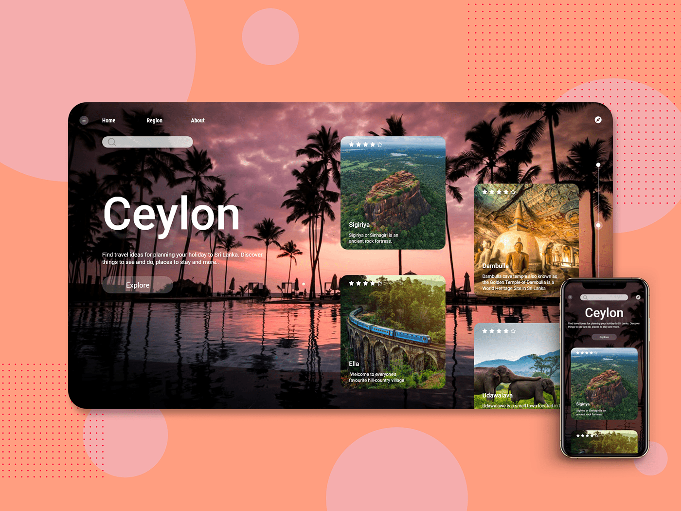Conceptual landing page and mobile app design for Ceylon travellers.