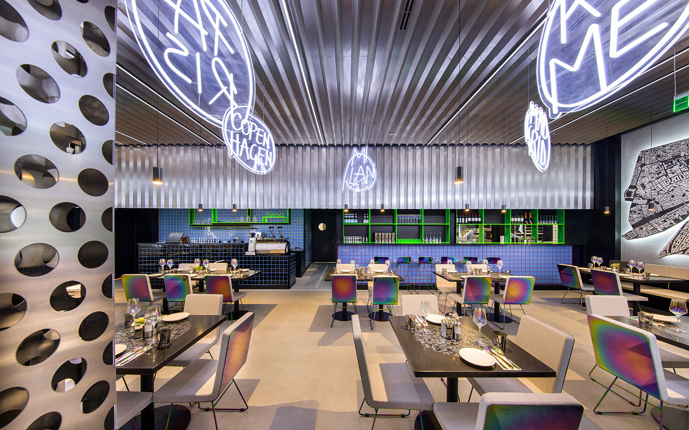 beijing restaurant maps map chair design interior design  metallic tiles rainbow cyber punk
