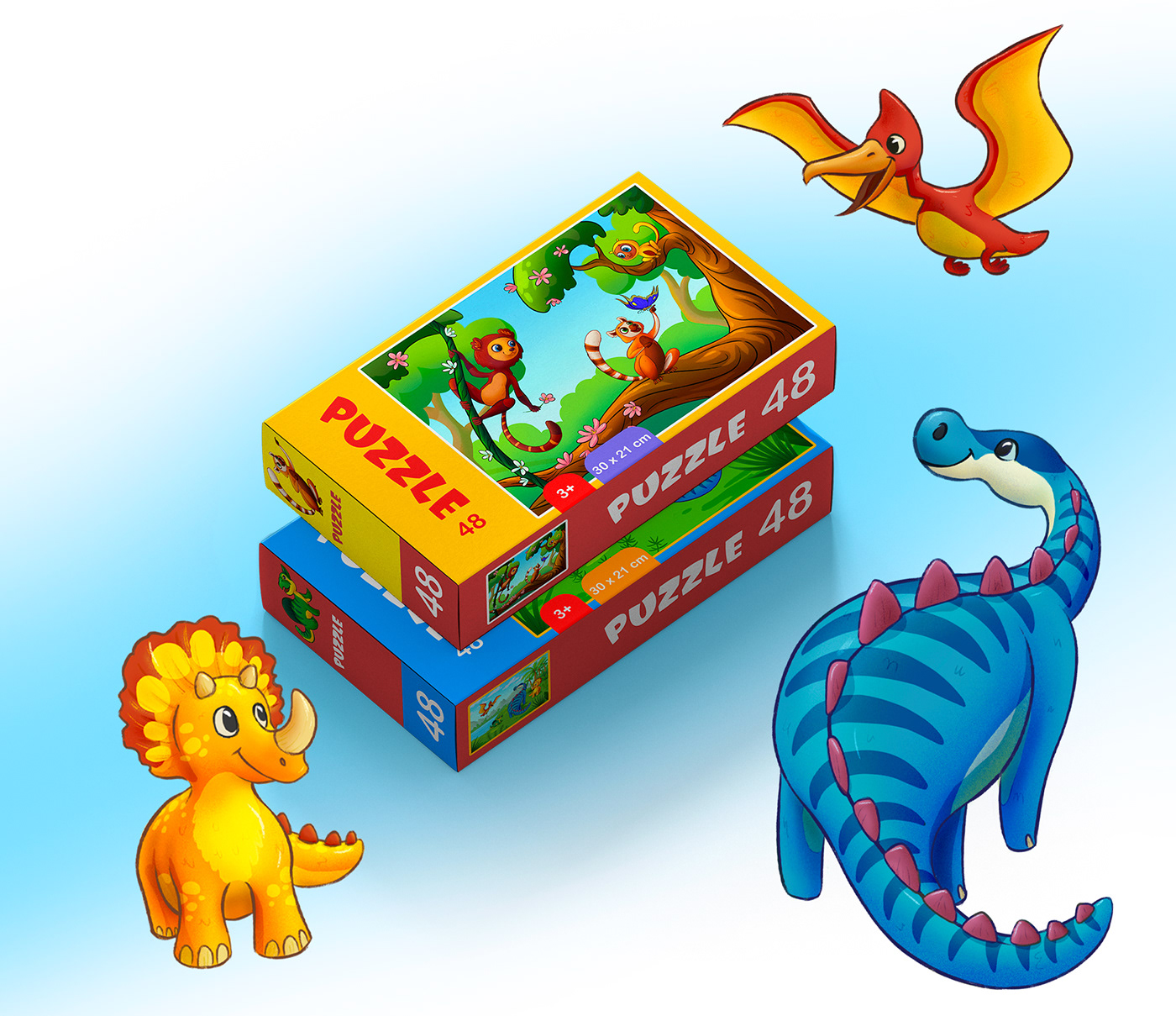 Box and cover design. Dinosaur characters