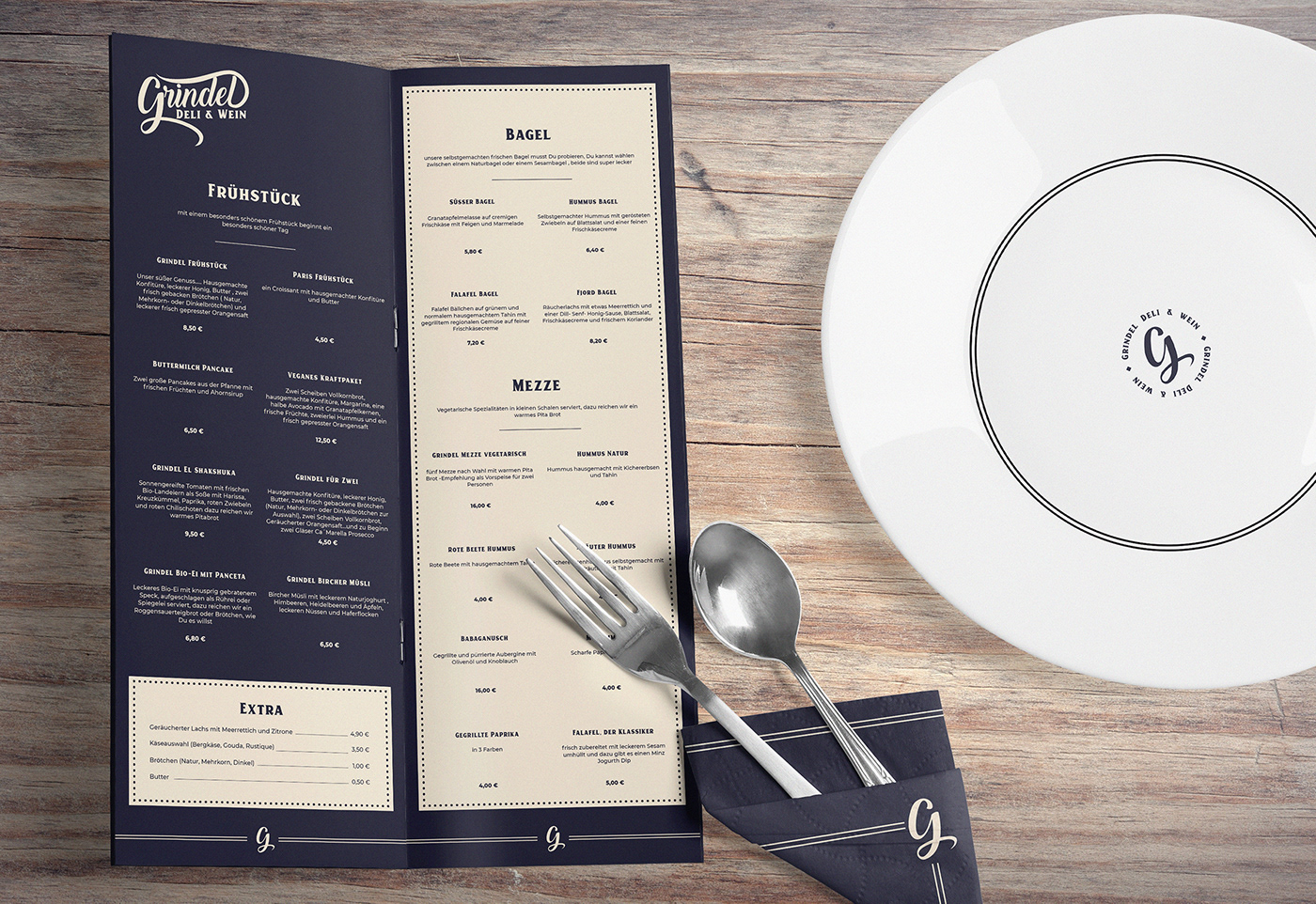 Design of the restaurant menu, in addition to a napkin, design of the plates in a vintage table.