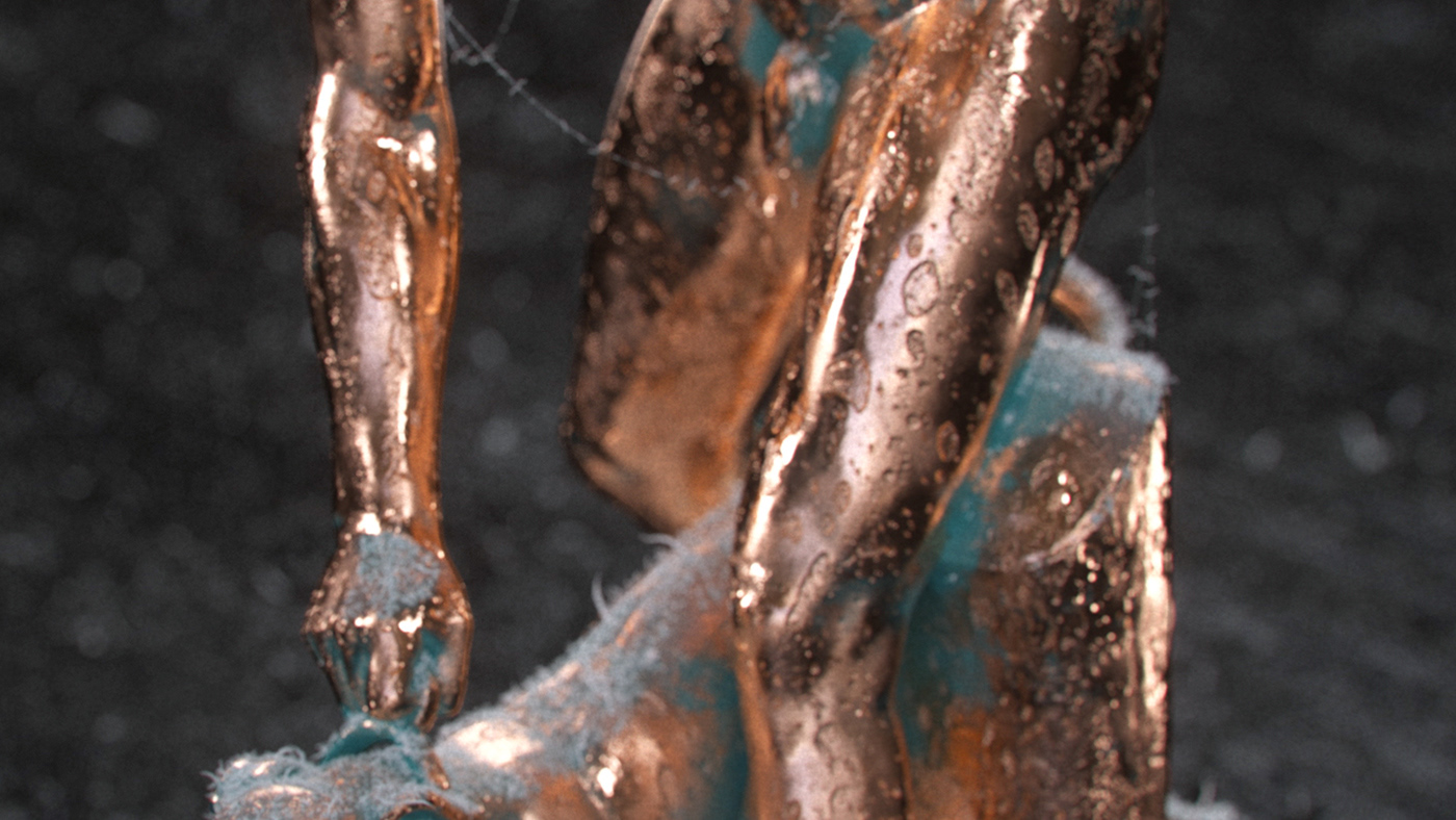 neoclassical sculpture 3D photorealistic Octane Render CG copper metal dust webs