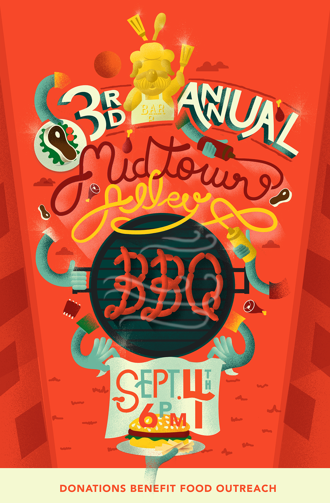 BBQ HAND LETTERING pig cooking Food  Cook Out midtown Atomicdust type steak poster Event Mid-town alley animal