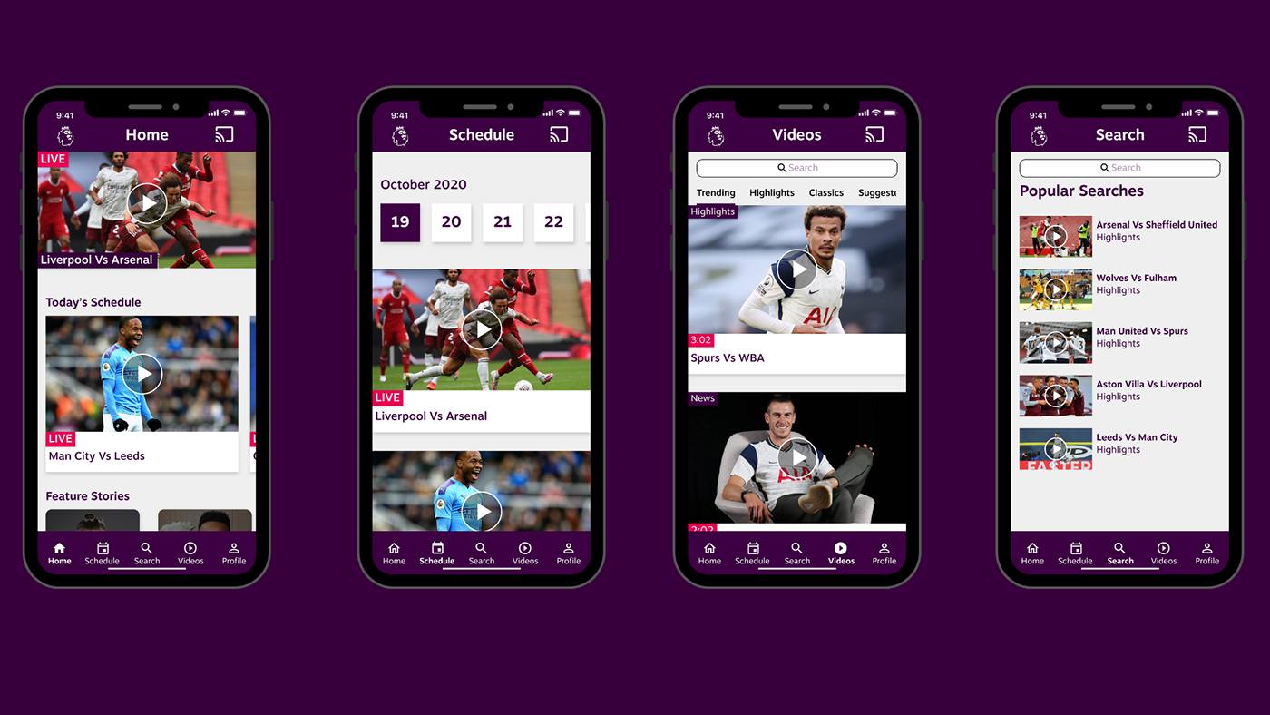 Premier League ux UX design UX Research Sports Streaming Streaming App UI