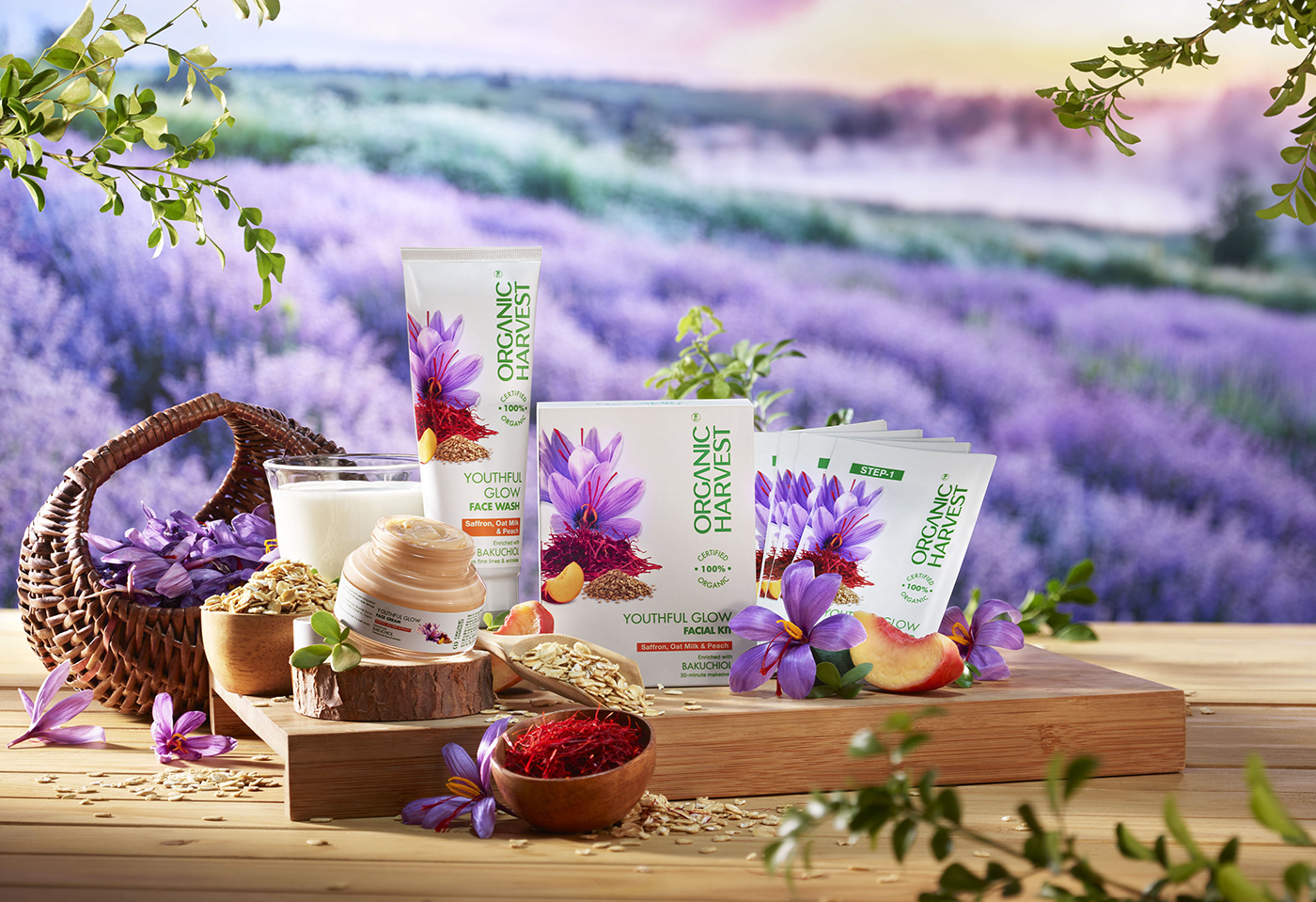 Kesar based beauty products shot with real kesar flowers on a rustic farm-inspired setup.