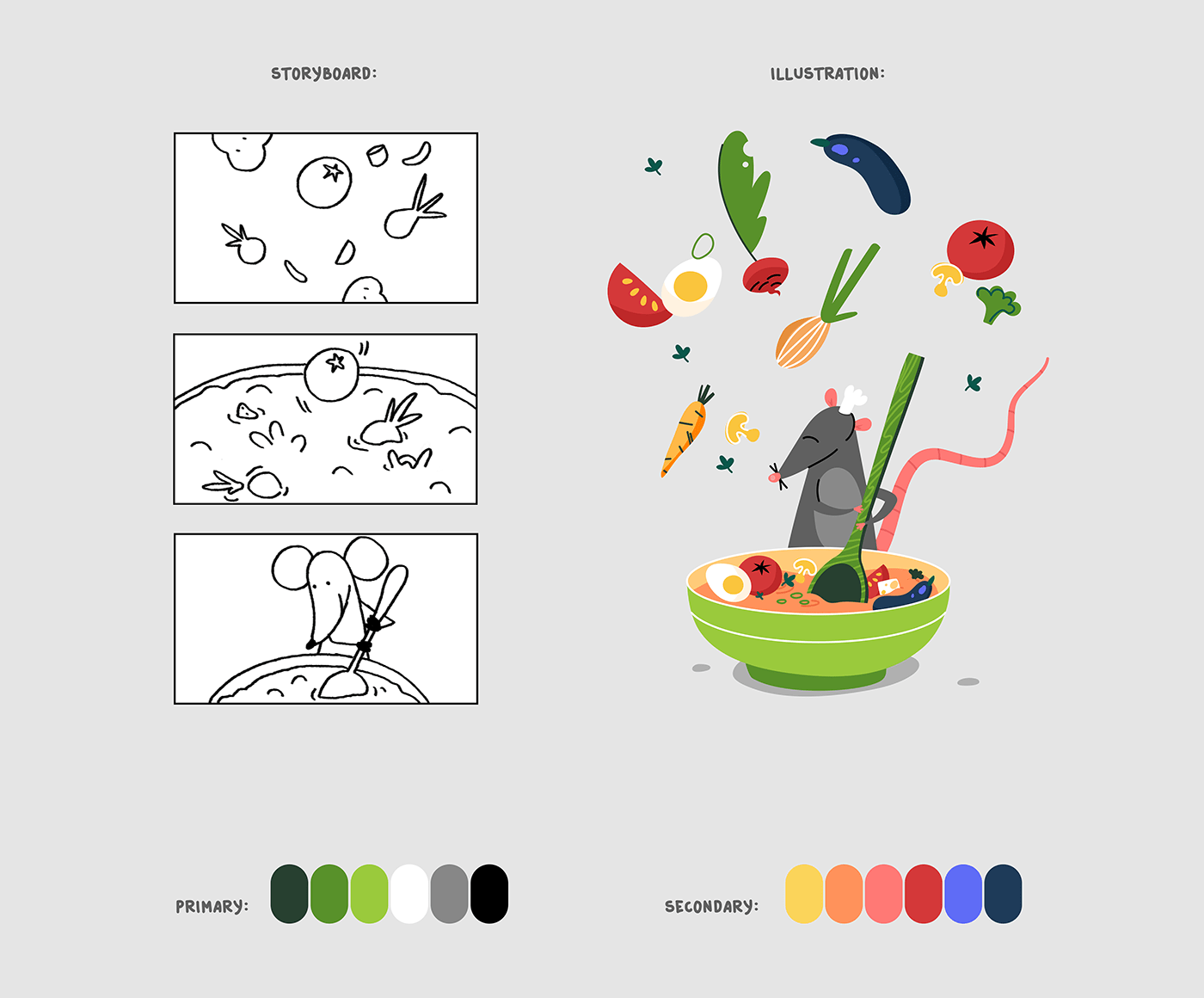 storyboard and style frame where rat cooks a soup with veggies color palette