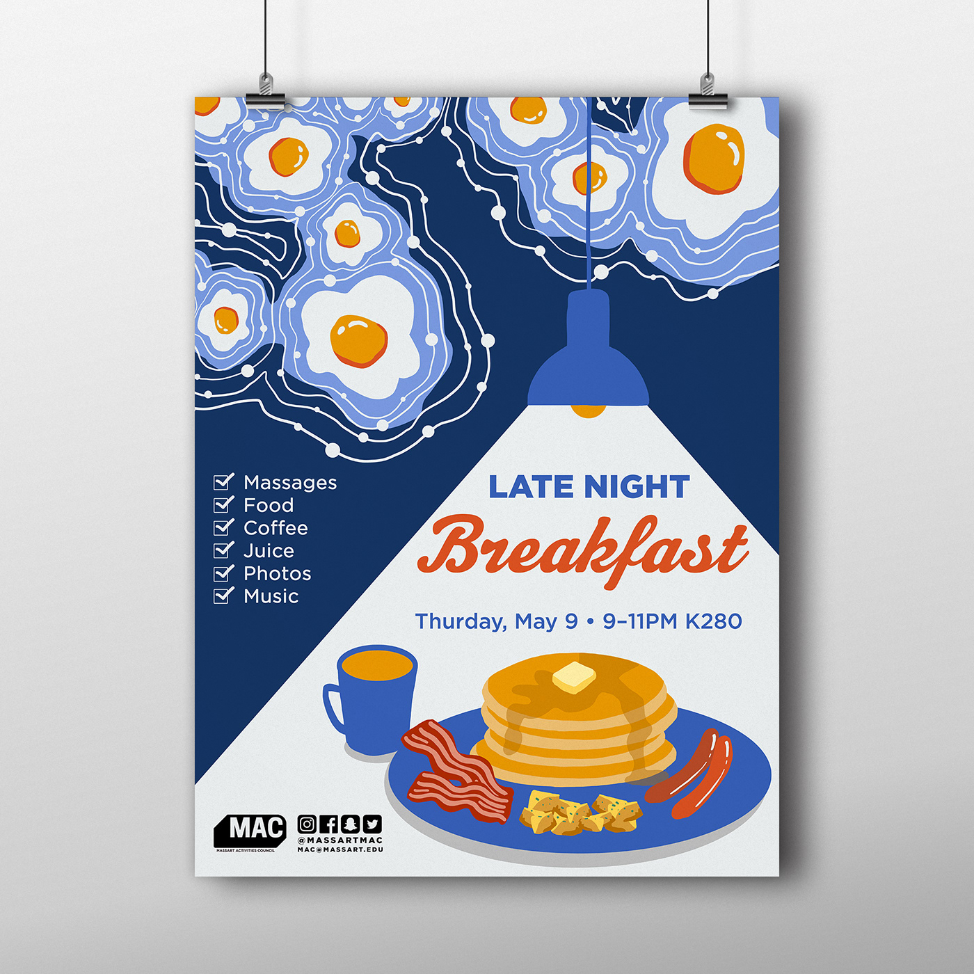 breakfast late night graphic design  ILLUSTRATION  poster Advertising  campus event egg pancake bacon