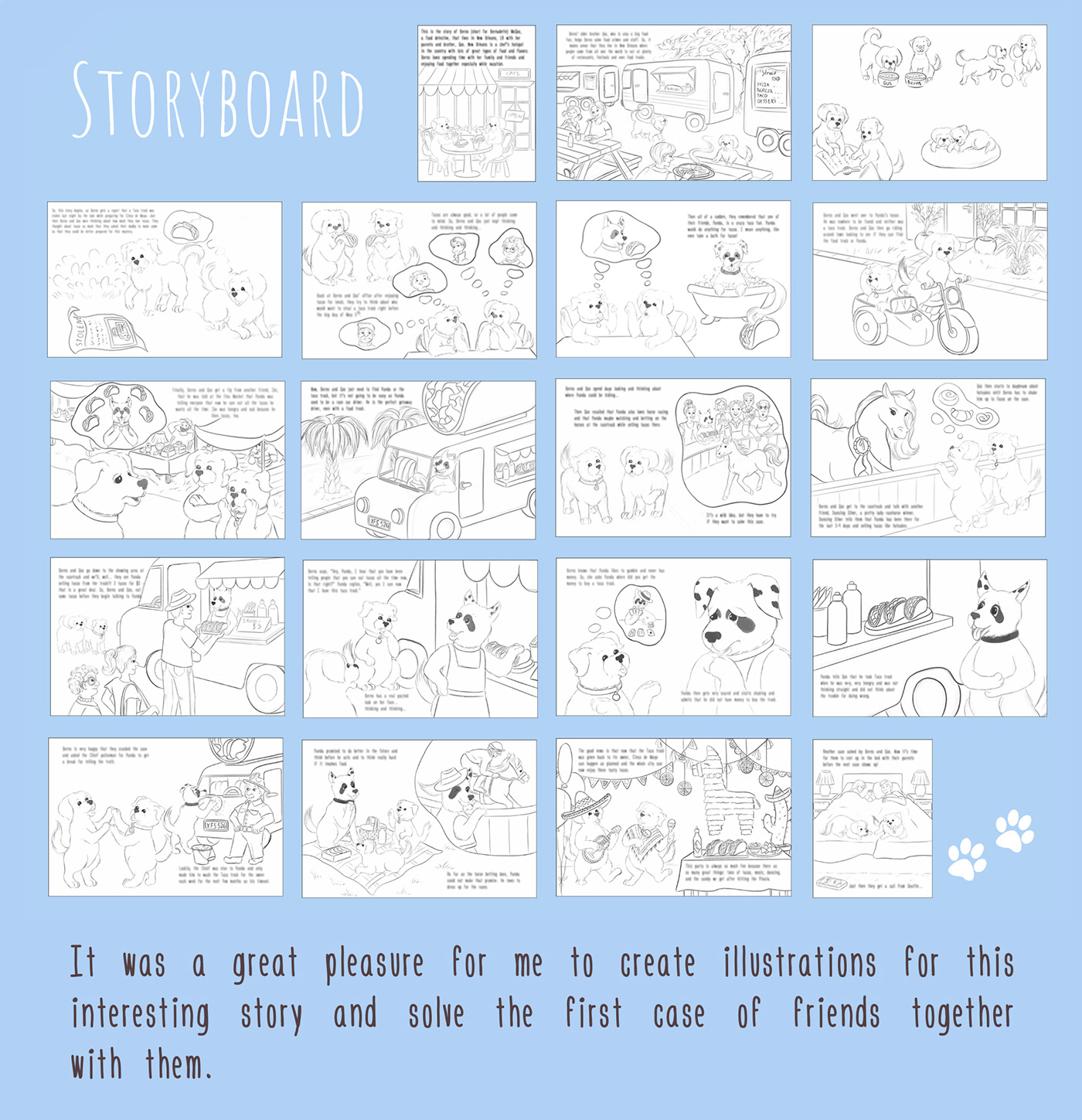 Storyboard for the children detective book about two friends dogs