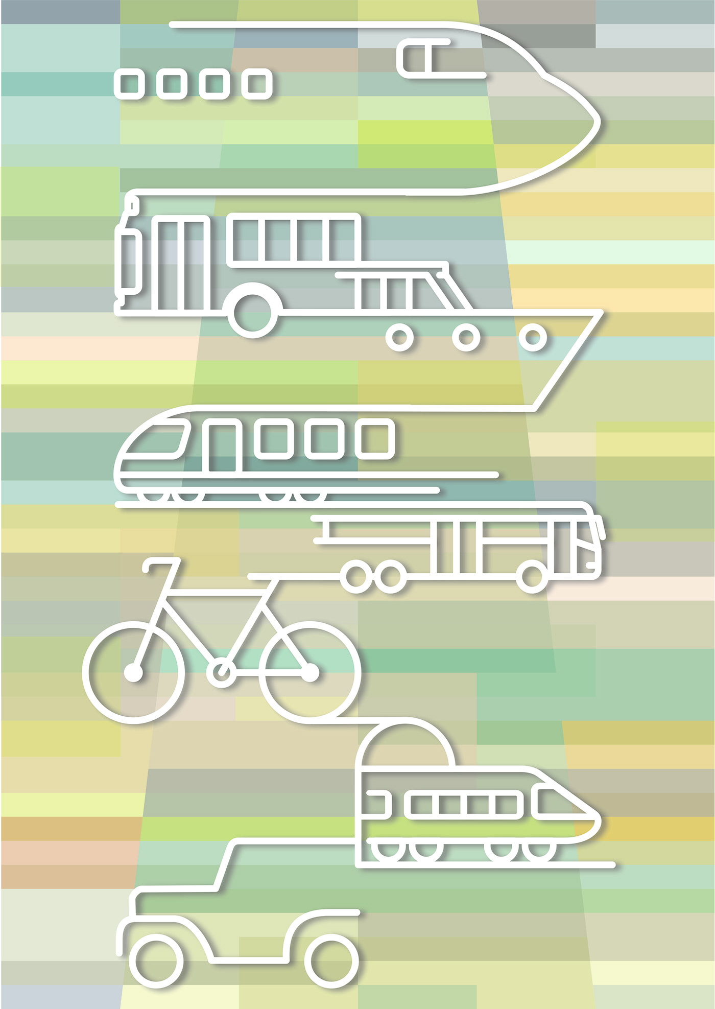 Illustrazione che raggruppa vari mezzi di trasporto, collegati tra di loro.
