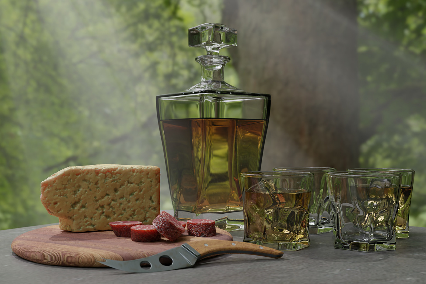 Whisky with cheese and sausage on a wooden cutting board