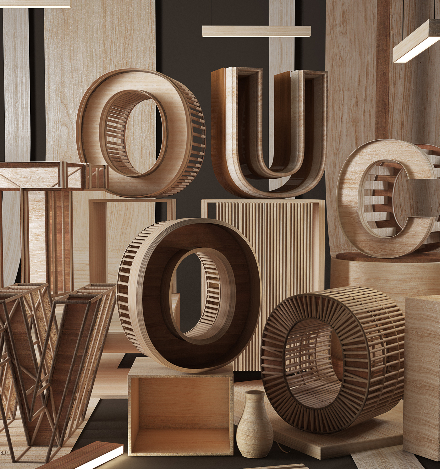 wood 3D CGI CG Render type letters sculpture cinema 4d product texture art vray visual lighting