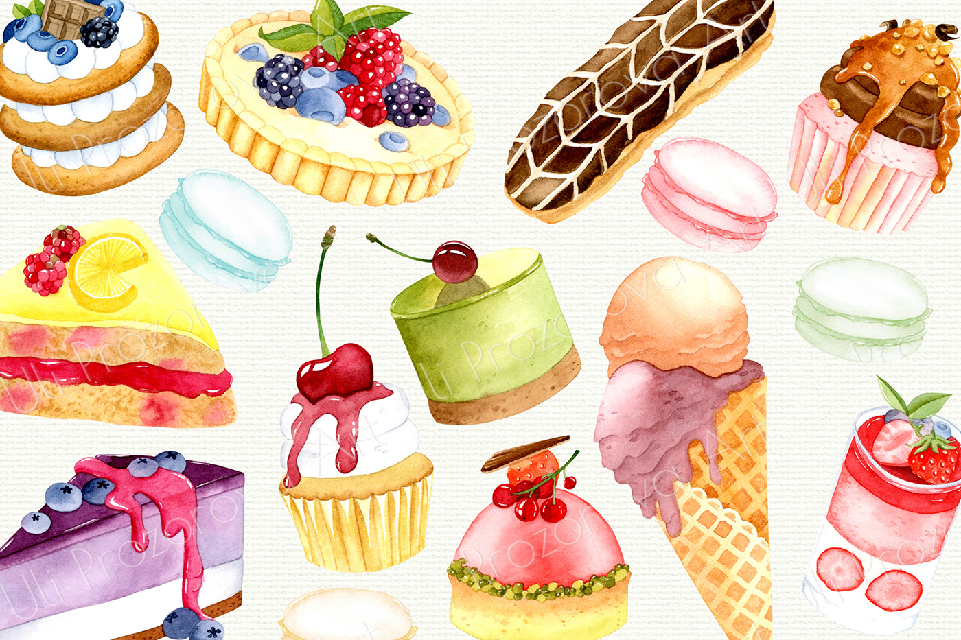 berry cake dessert Food  ice cream ILLUSTRATION  parfait sweet tartlet watercolor