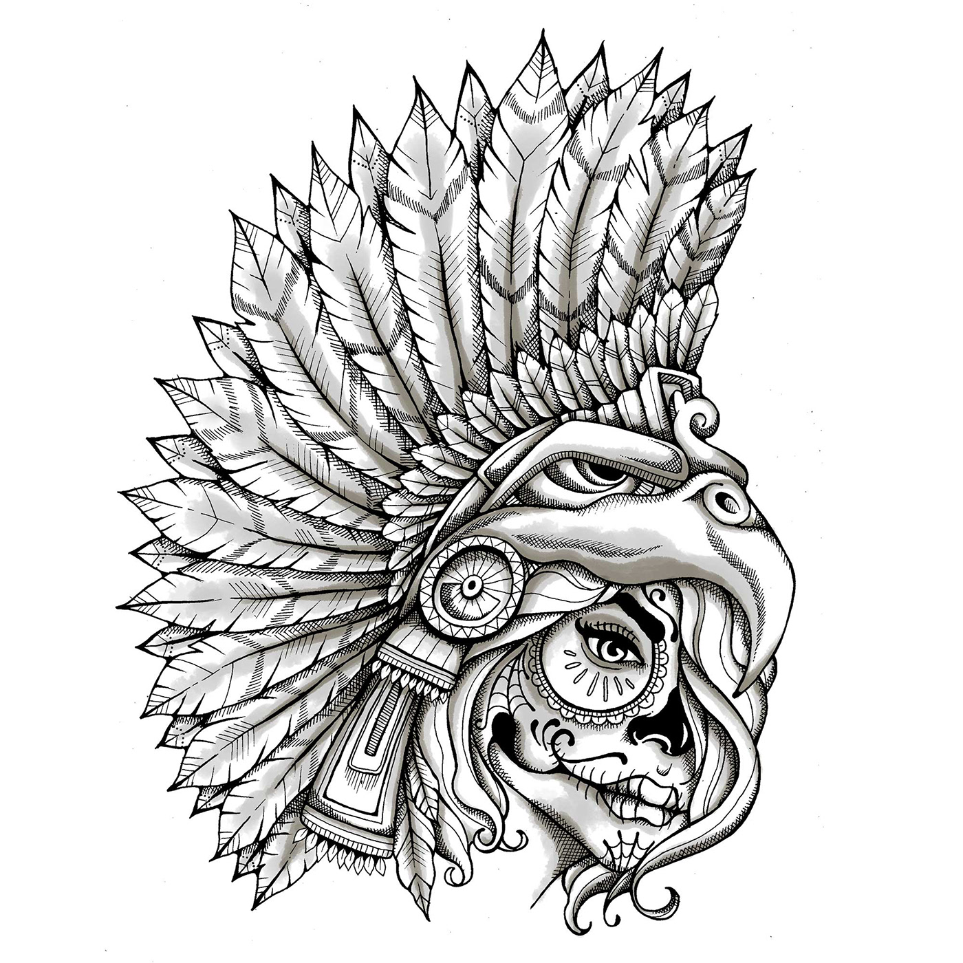 Mexican sugar skull tshirt provocative headress sketch hand-drawn Stylize