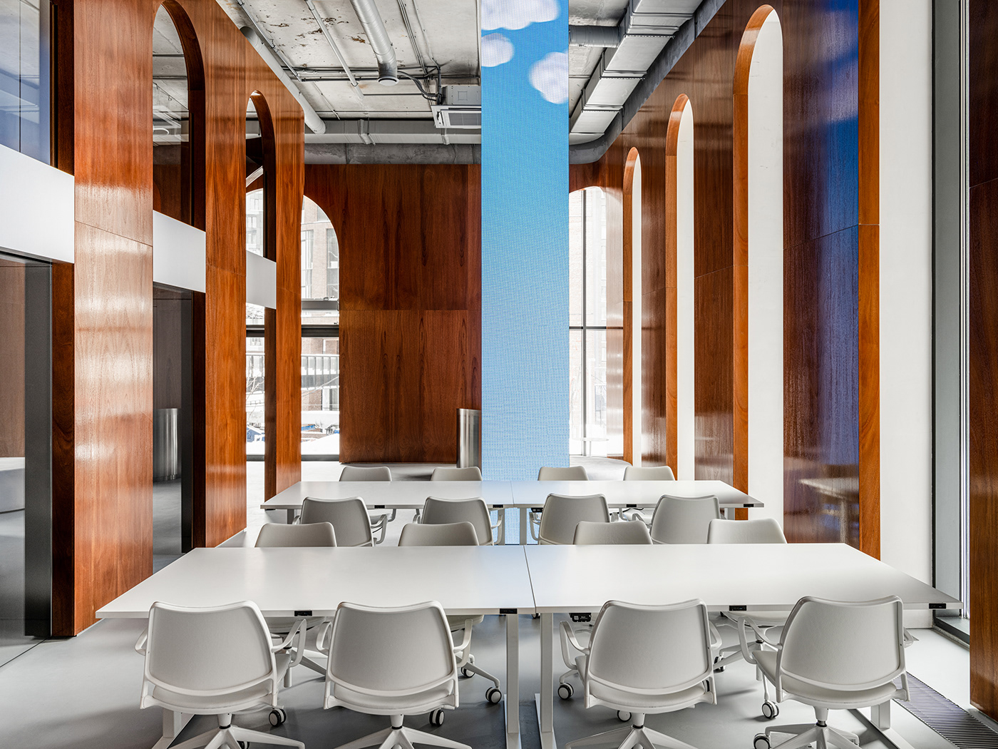 interior design  architecture concrete Office clouds blue wood modern led SKY