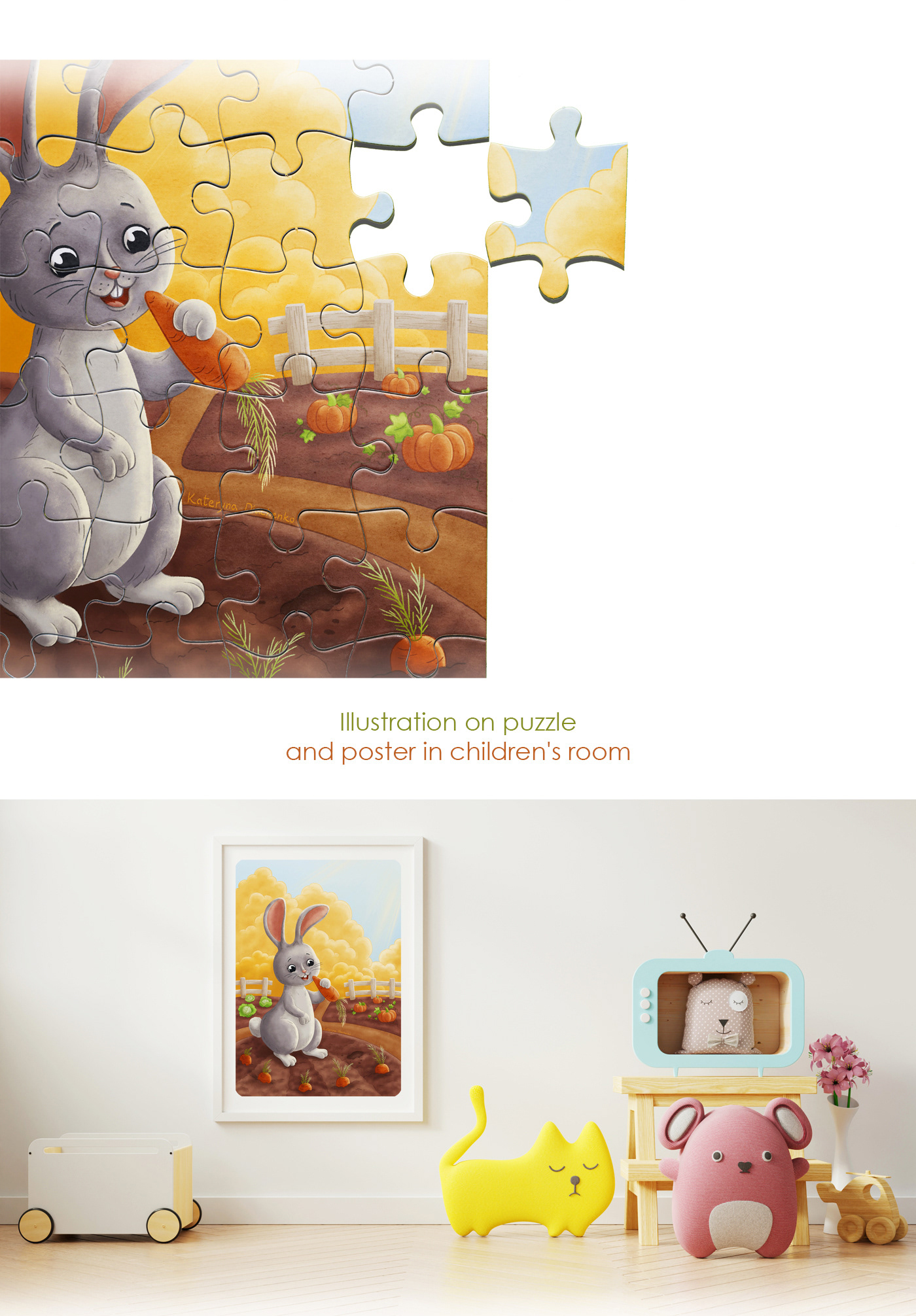 Children's illustration with Bunny on a poster in children's room and puzzle for kids