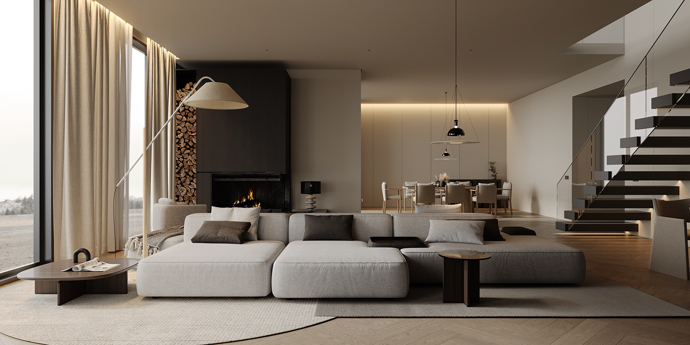 livingroom with fireplace on Behance