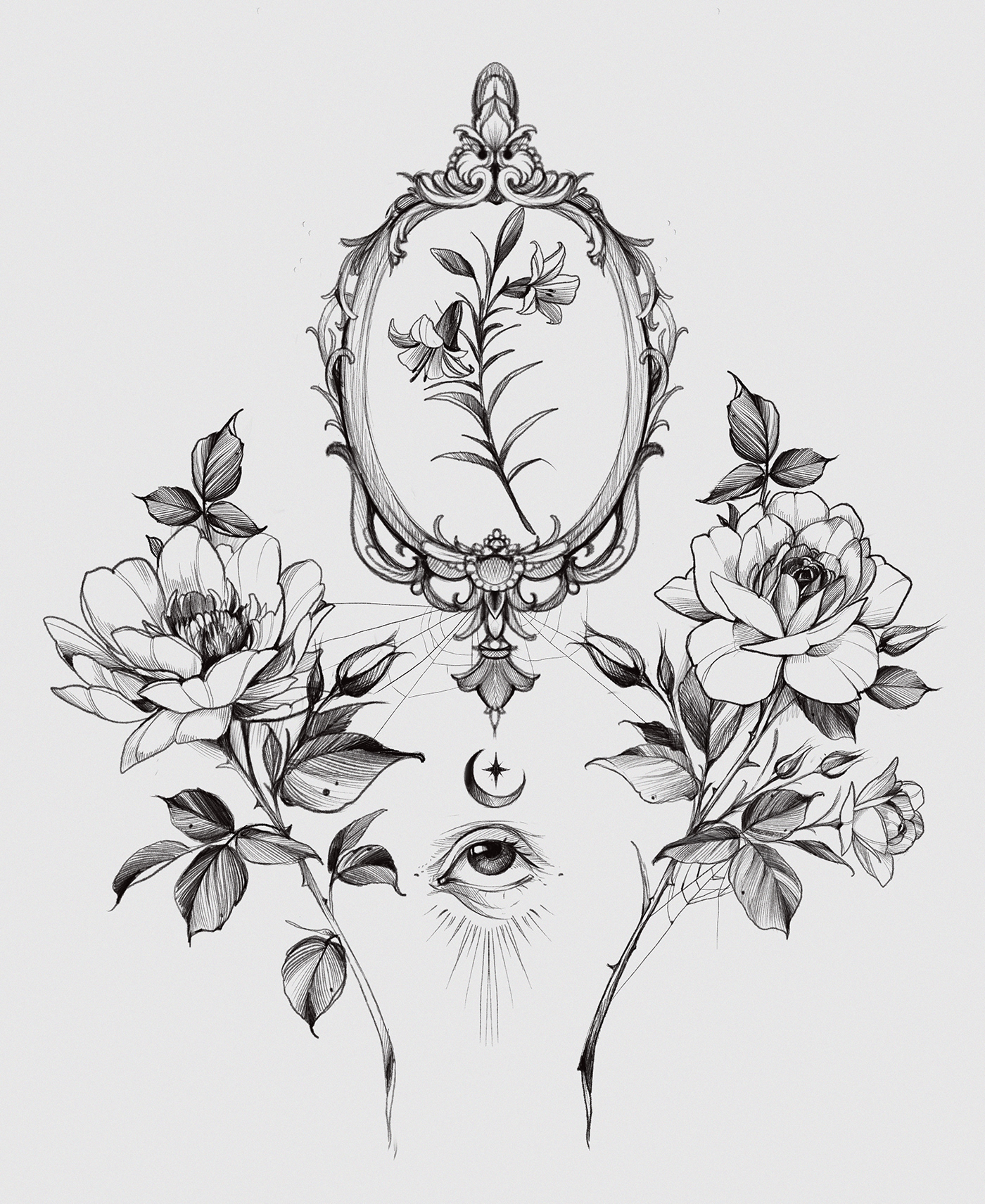 vintage Flowers frame pencil drawings Project Procreate 2D rose peony tattoo