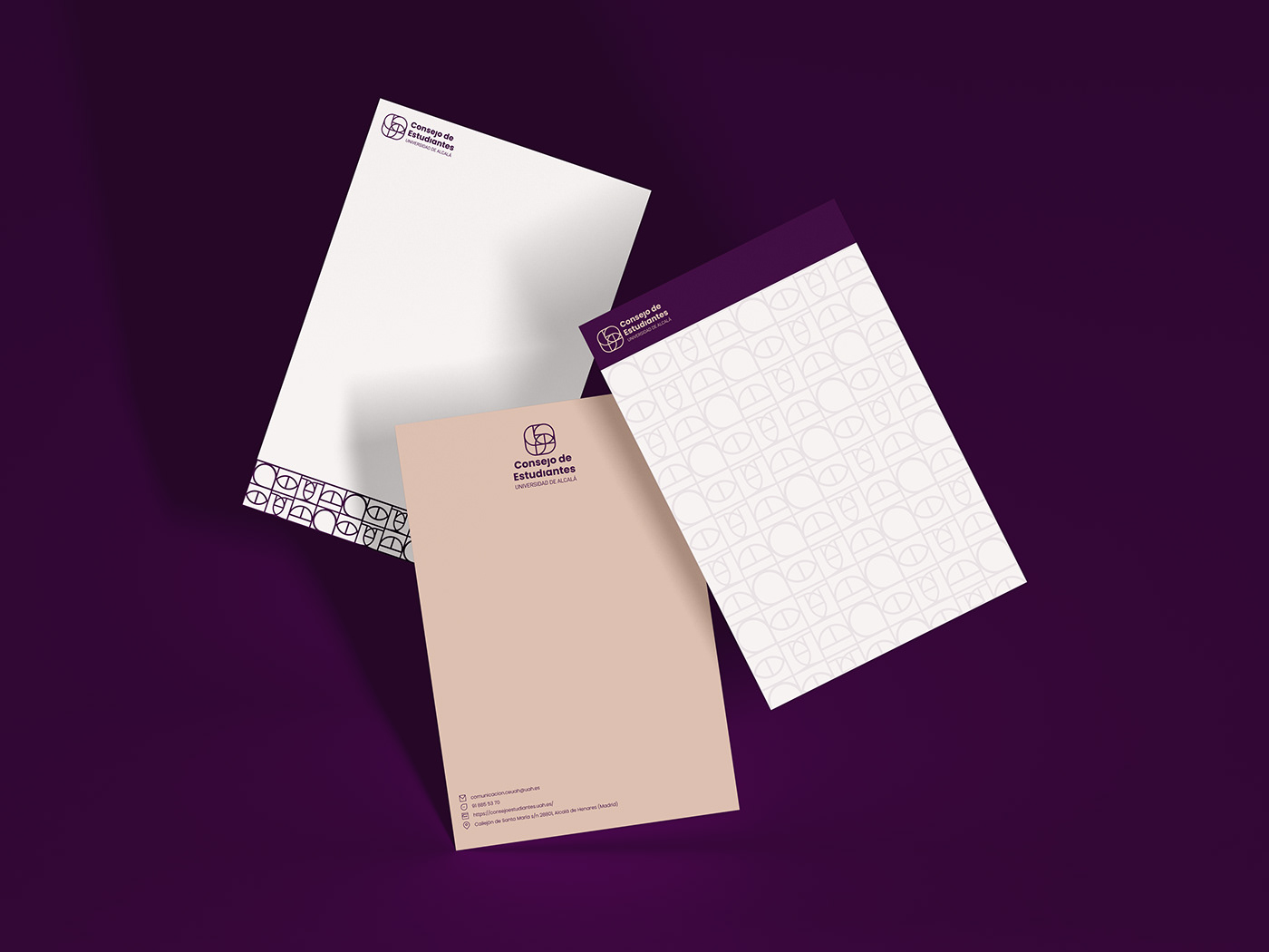 Three examples of graphic design for different letterheads for the University of Alcalá