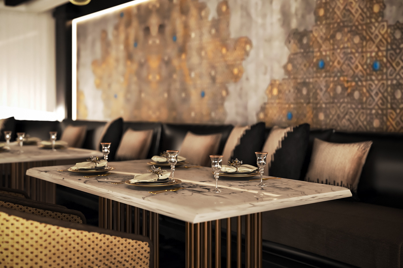 3D 3ds max architecture black boat gold interior design  nile restaurant vray