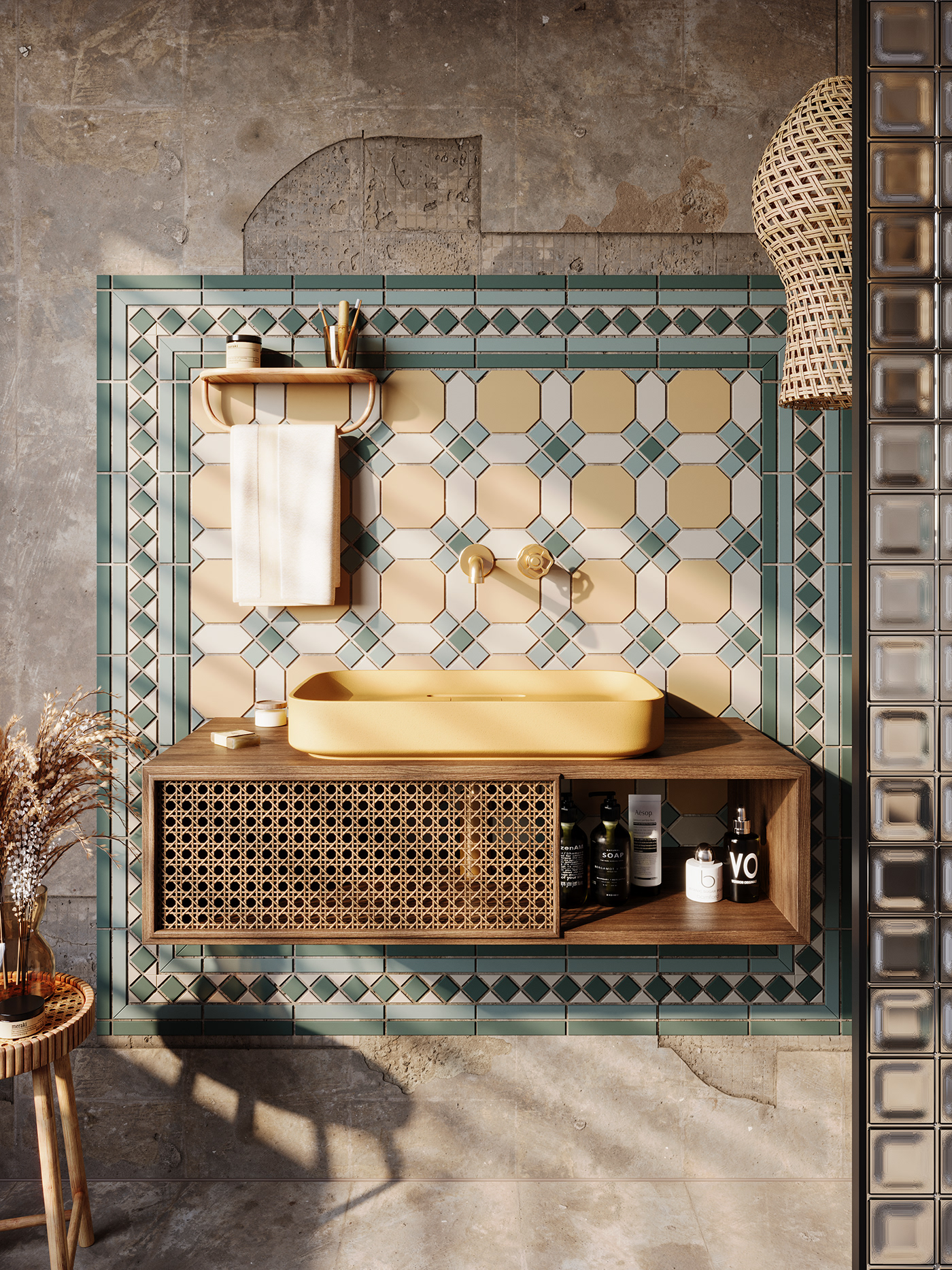 corona render  3ds max visualization 3D interior design  CGI bathroom washbasin Tile Design