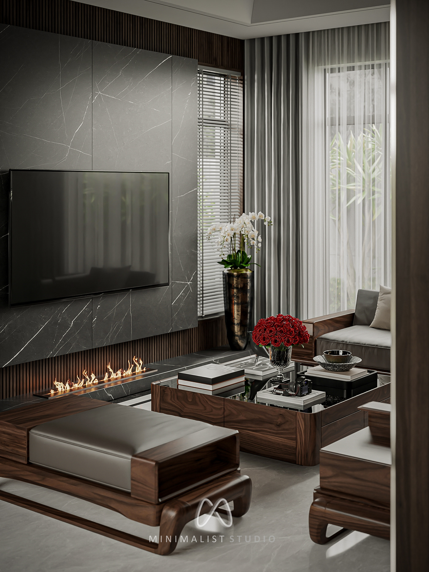 architecture visualization minimalist studio living room kitchen bedroom 3ds max Render