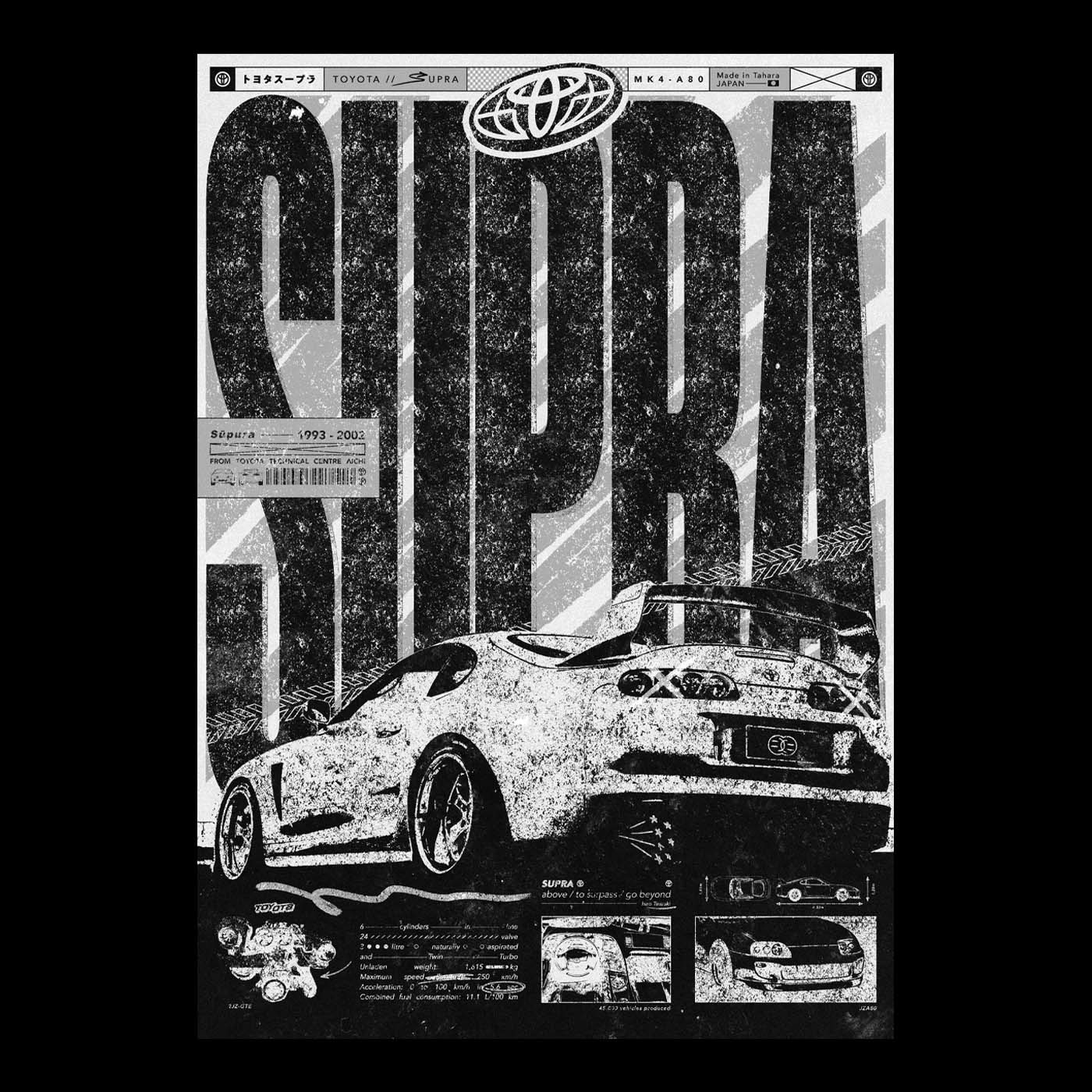 A print poster design render of a toyota supra racing car in a brutalism style in black and white