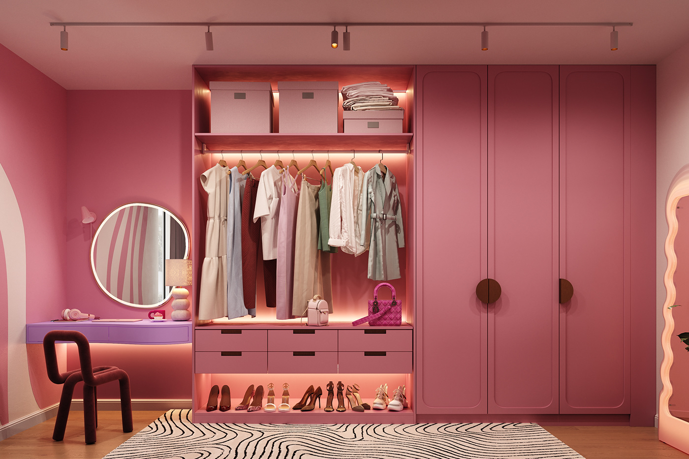 archviz visualization Render interior design  barbie pink 3D modern bedroom barbiegamer