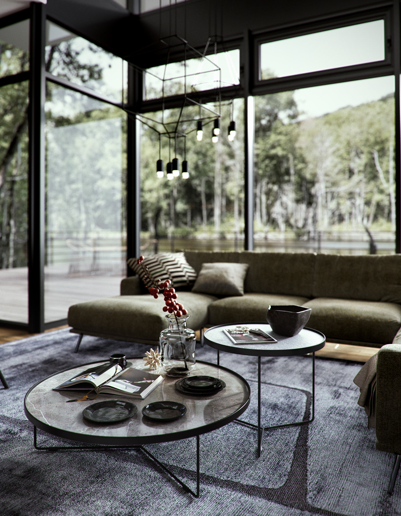 CGI 3ds max vray interior design  Interior Photography furniture lake river house green
