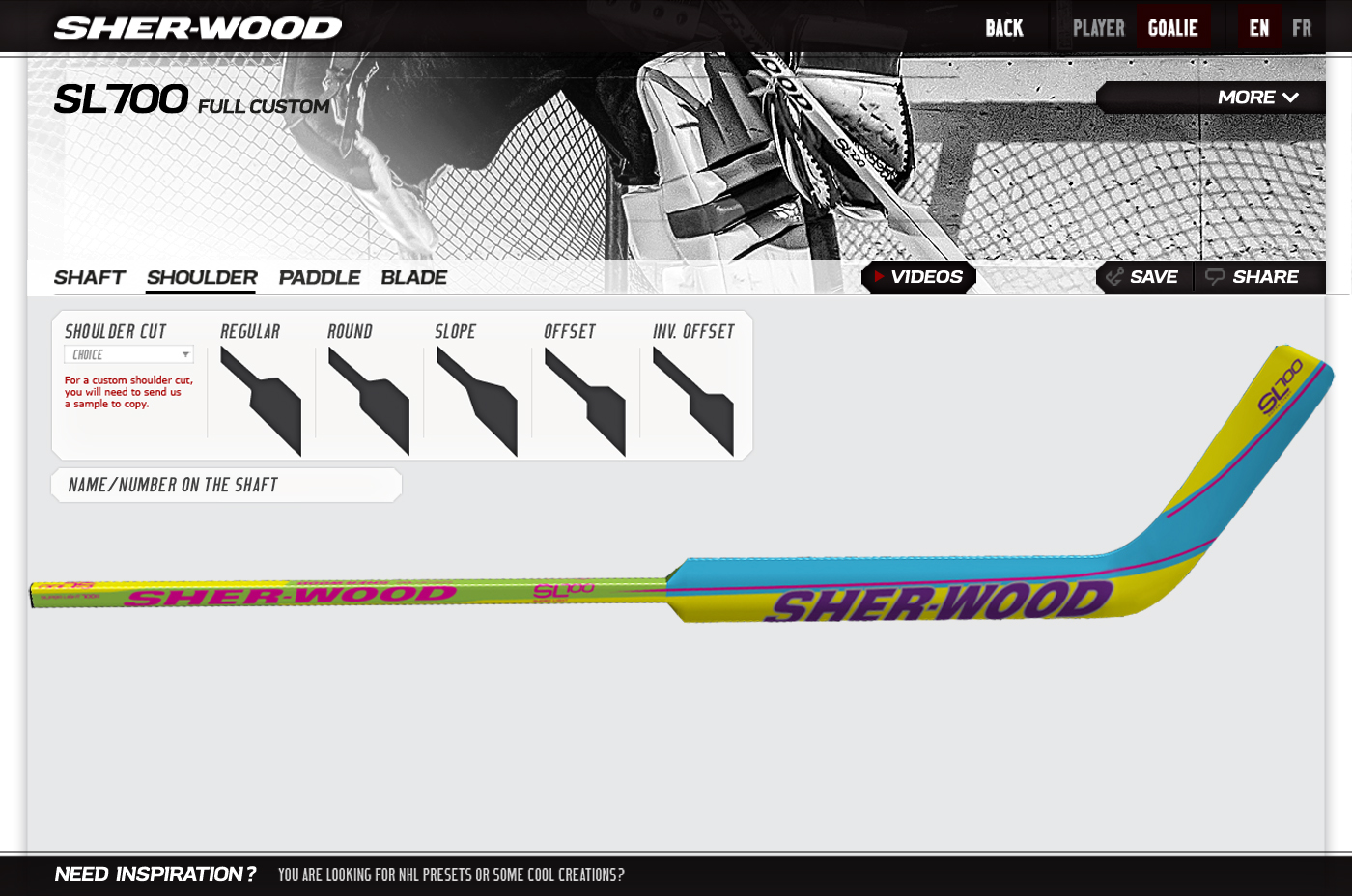hockey goalie sher-wood sherwood stick sport color Custom Order NHL equipment software shaft customizer Choice