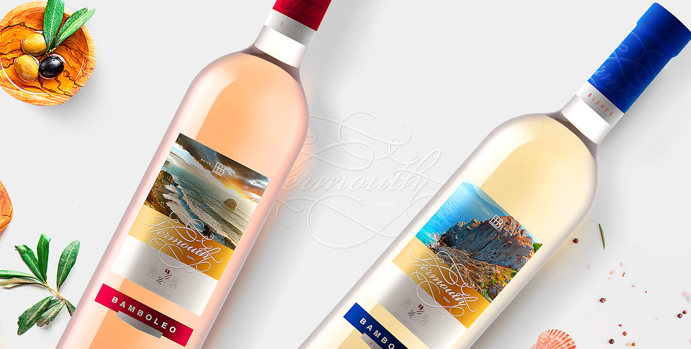 wine Vermouth Italy испания Label sticker sea Landscape White Wine patterned BAMBOLEO font