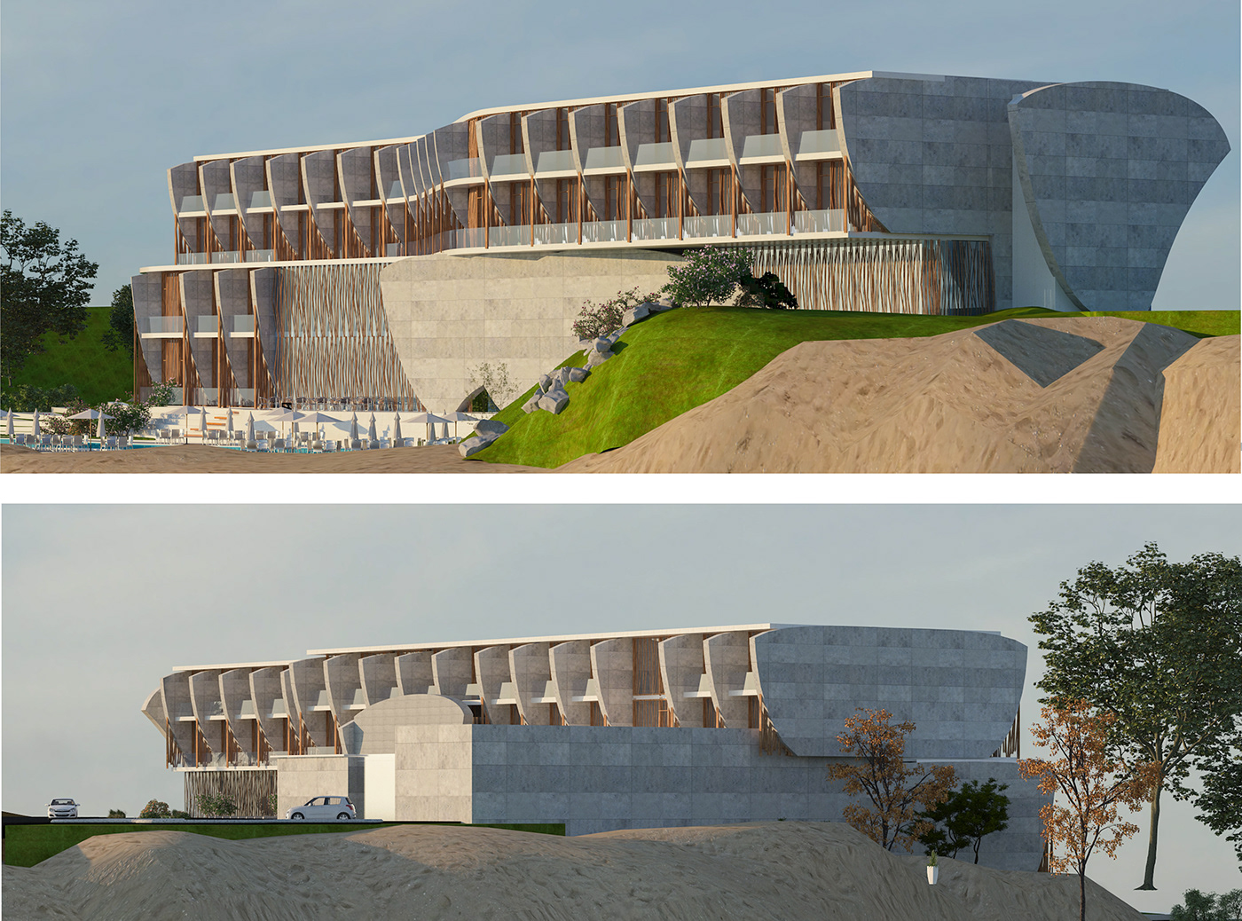 cliff desert design facade graphics hotel plans Post Production resort visualization