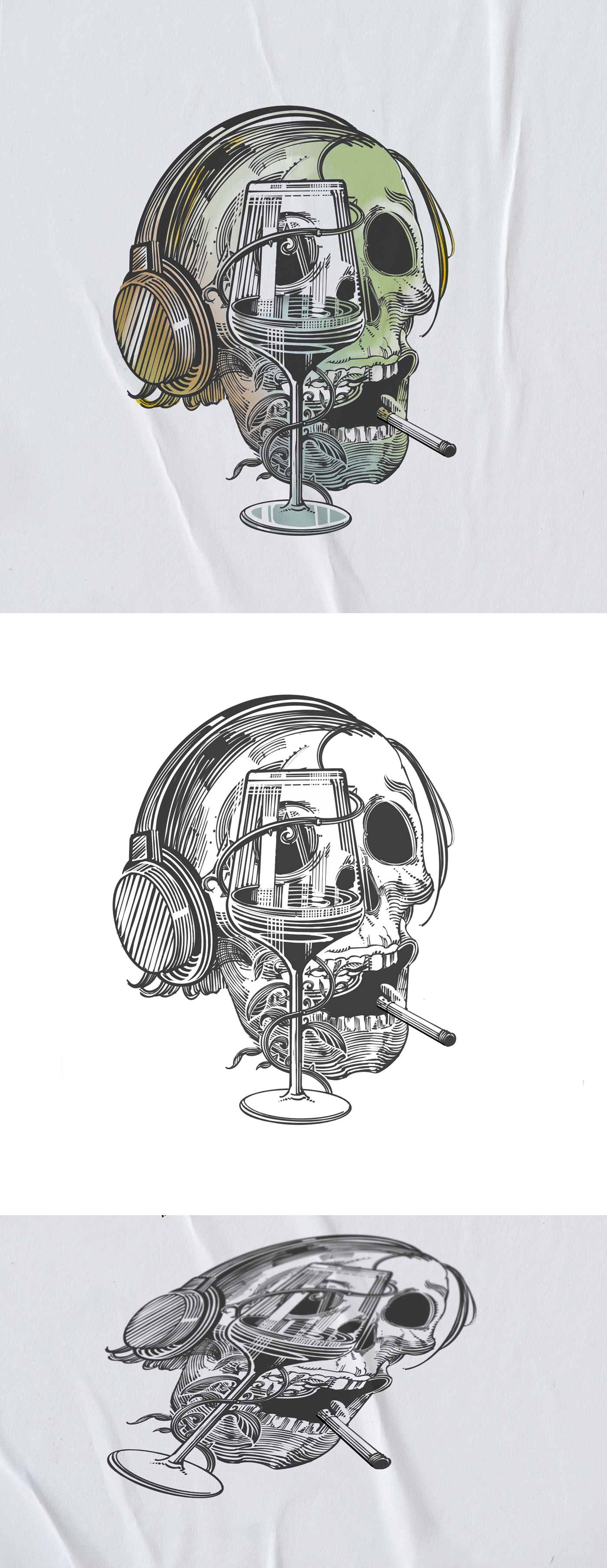 a skull with headphone and wine glass
