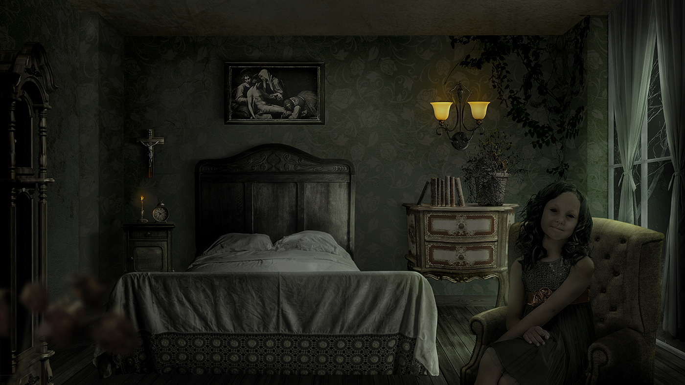 creepy bedroom 3D design retouch retouching  Scary girl photoshop