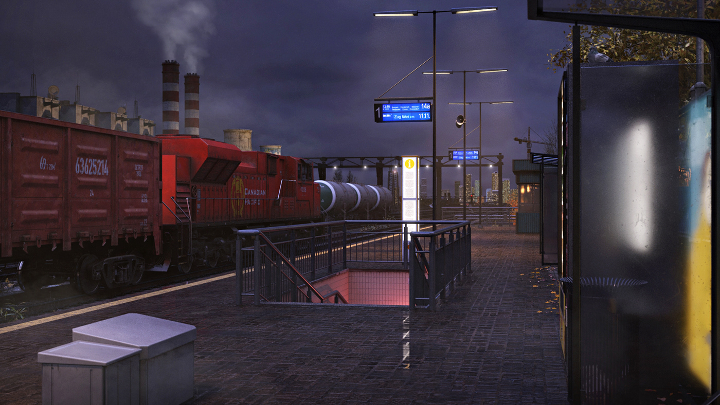 city concept art environment ILLUSTRATION  industrial railway rain story train Render