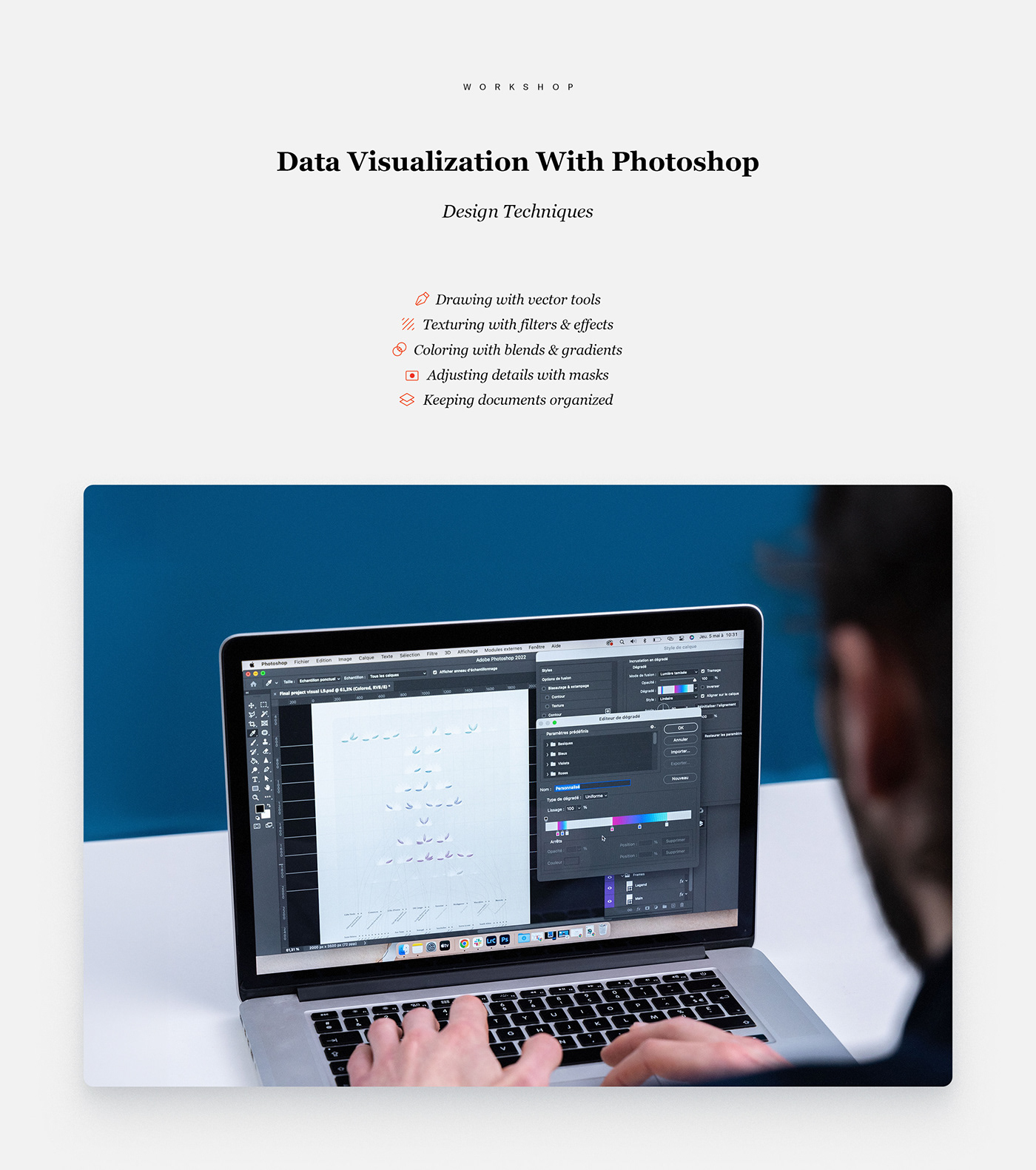 Promotional poster for my Domestika workshop: Data Visualization With Photoshop