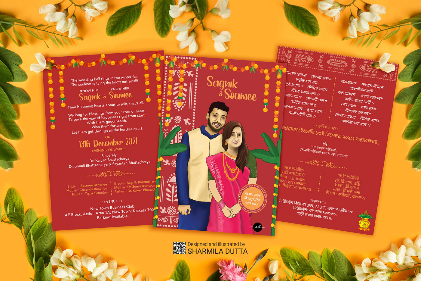 Indian couple wedding illustration and invite