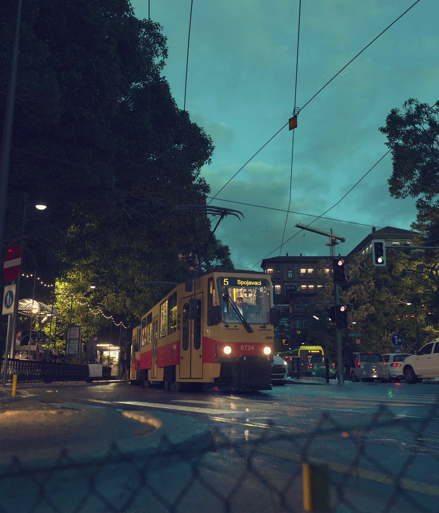 city DUSK Evening Moody night outdoors Realism Street town tram