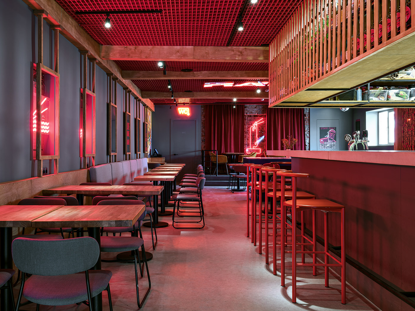 ramen bar noodles restaurant cafe Interior architecture red neon plywood