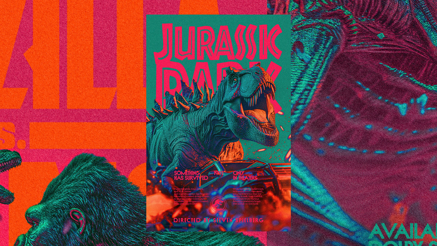 poster graphic design  movie poster Digital Art  midjourney ILLUSTRATION  jurassic park alien godzilla King Kong
