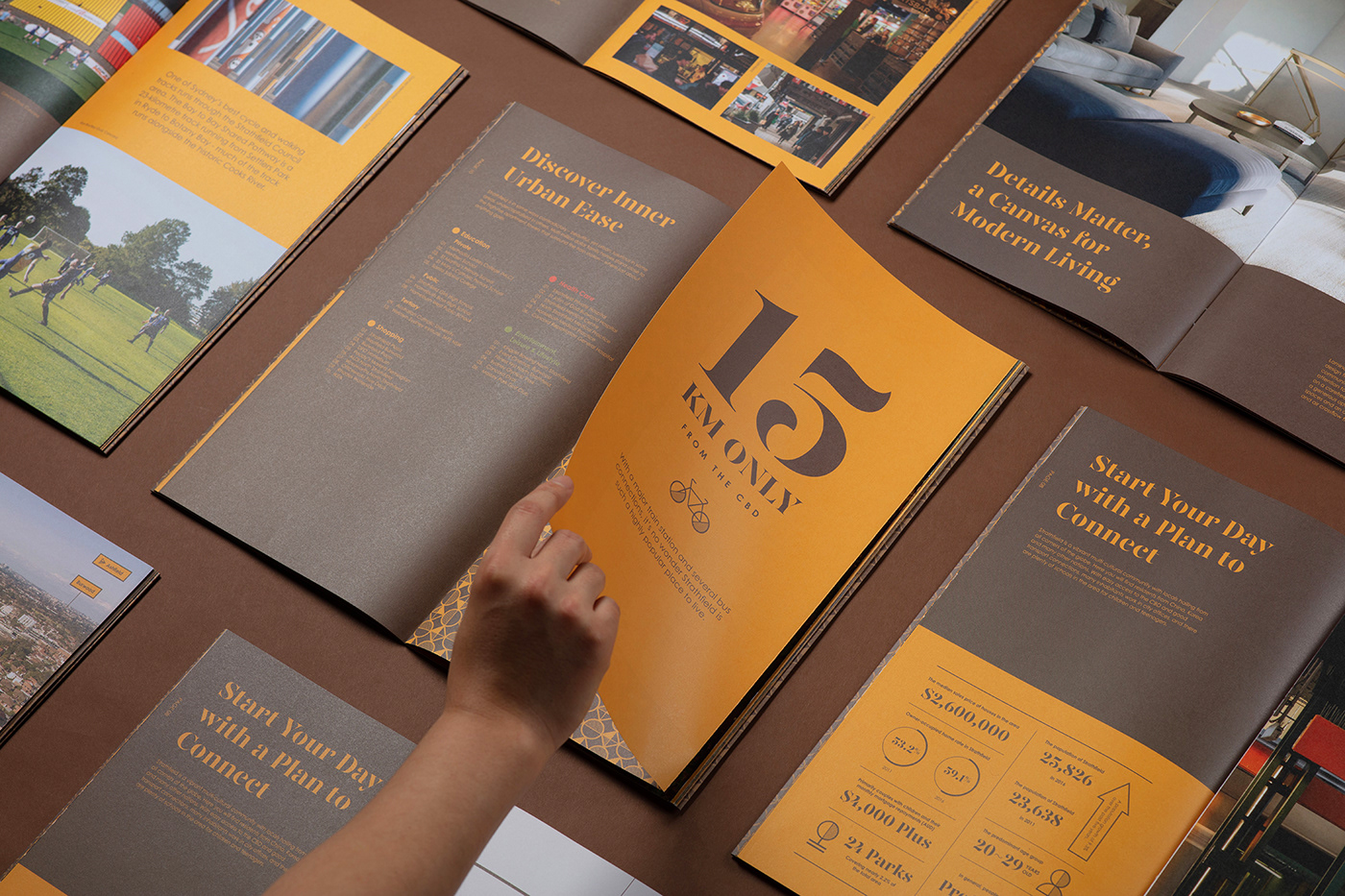 print production Property marketing brochure design Creative Direction  Creativity Luxury Apartment Comtemporary Photography  commercial Yellow and Brown