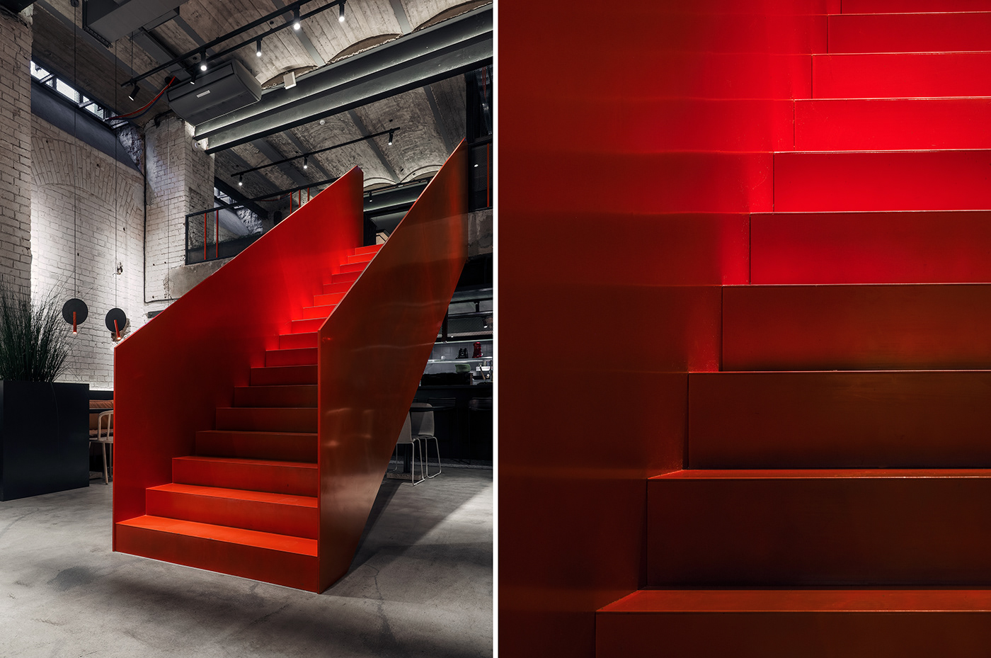 metal concrete modern architecture interior design  red stair Minimalism wood plants